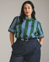 Elbe Stretch Poplin Short Sleeve Shirt - Green/Blue Directional Stripe