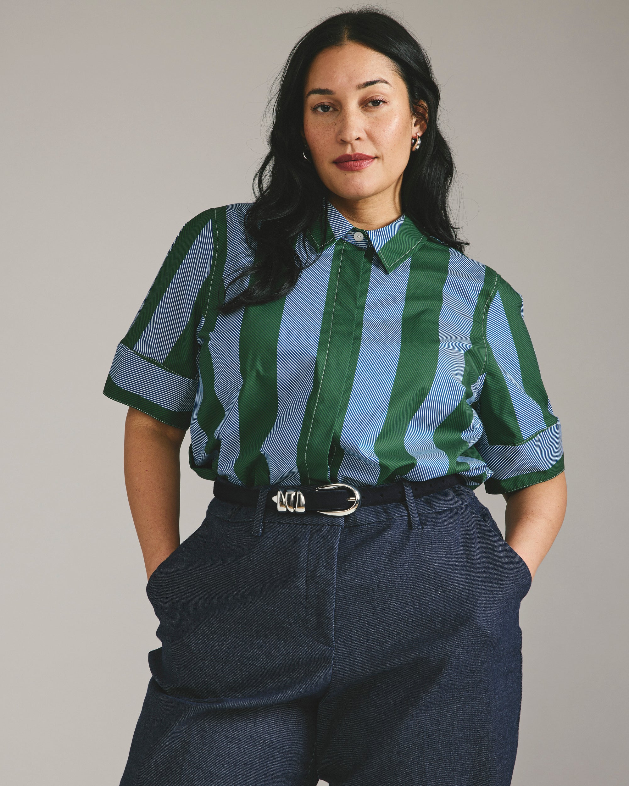 Elbe Stretch Poplin Short Sleeve Shirt - Green/Blue Directional Stripe