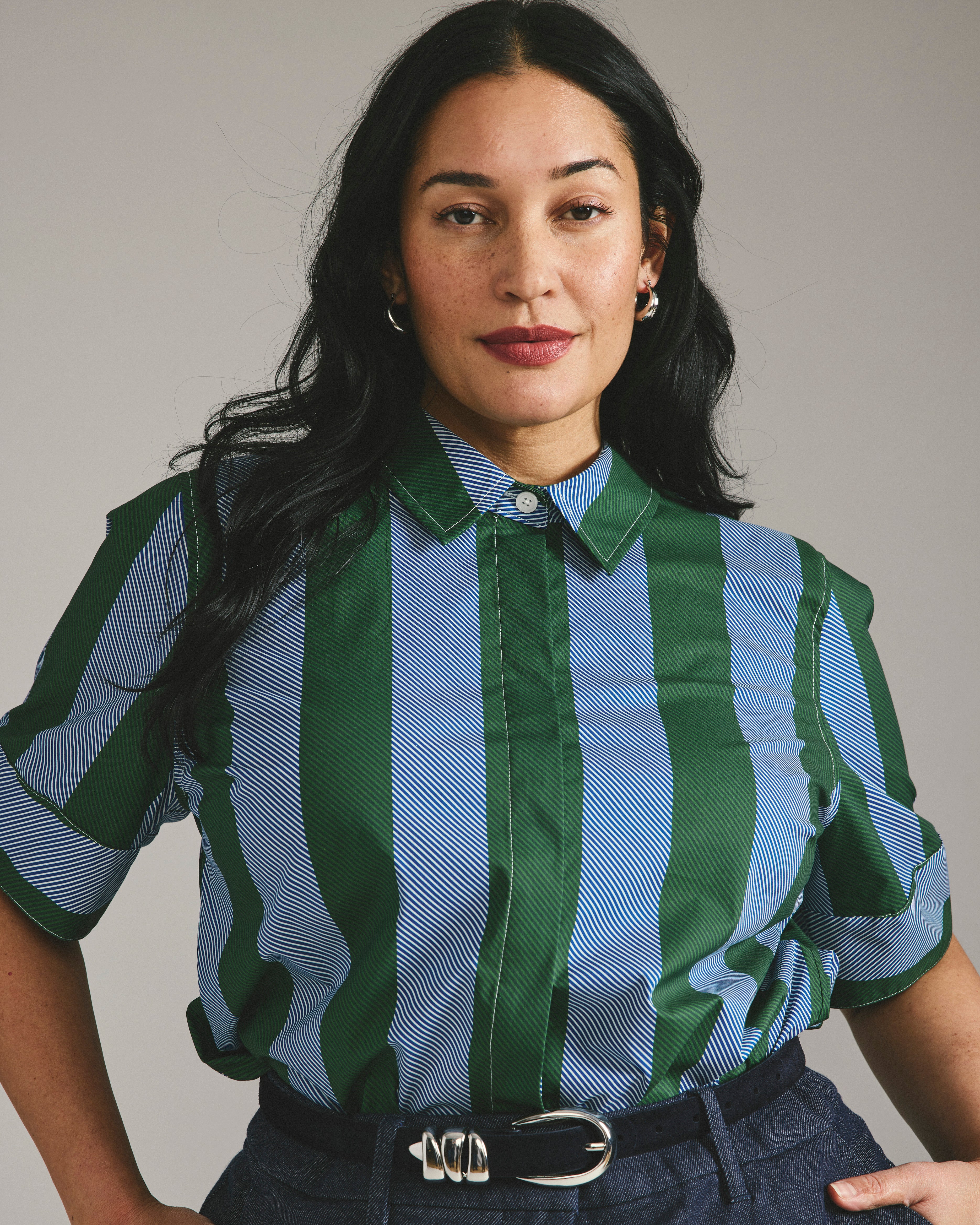 Elbe Stretch Poplin Short Sleeve Shirt - Green/Blue Directional