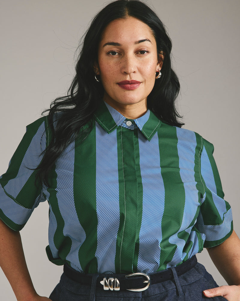Elbe Stretch Poplin Short Sleeve Shirt - Green/Blue Directional Stripe