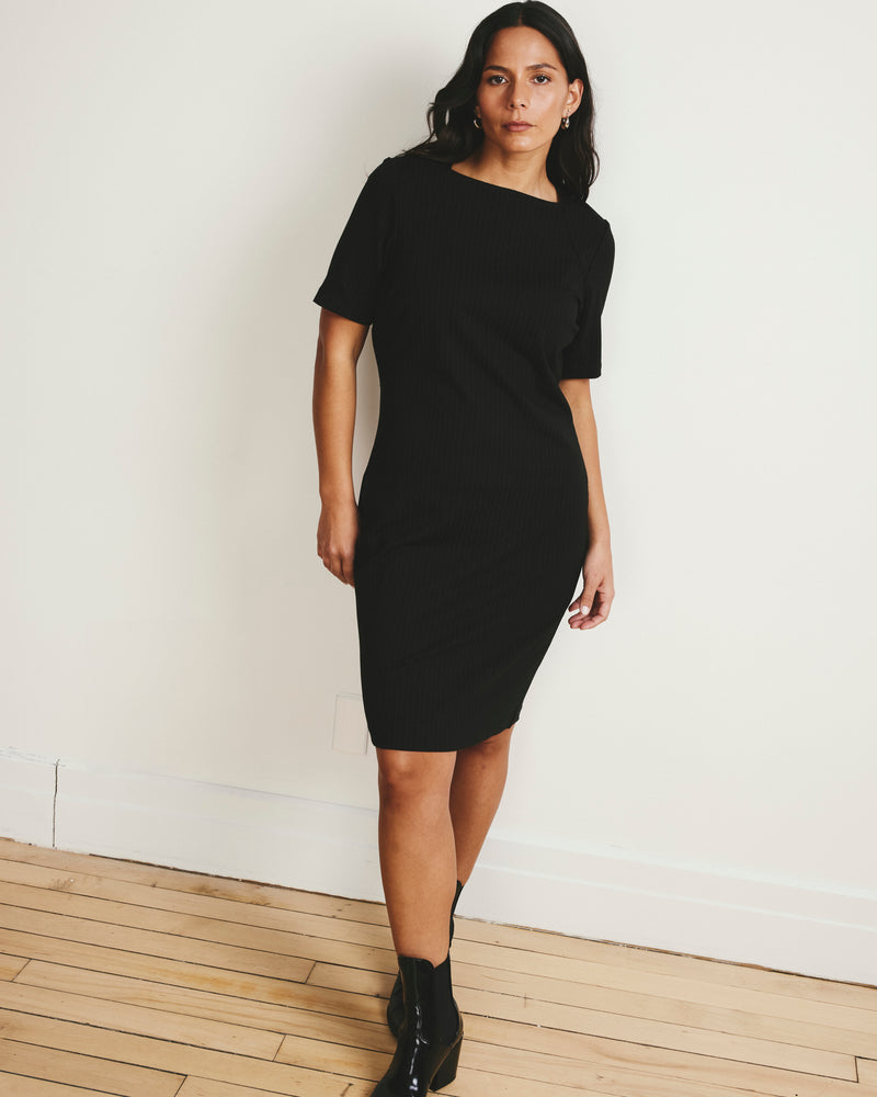 Woman wearing Envelope Neck Ponte Dress - Slate Pinstripe from Universal Standard