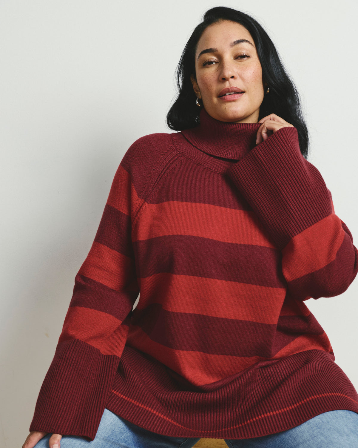 Better-Than-Wool Oversize Turtleneck Sweater - Black Cherry/Red Rugby Stripe
