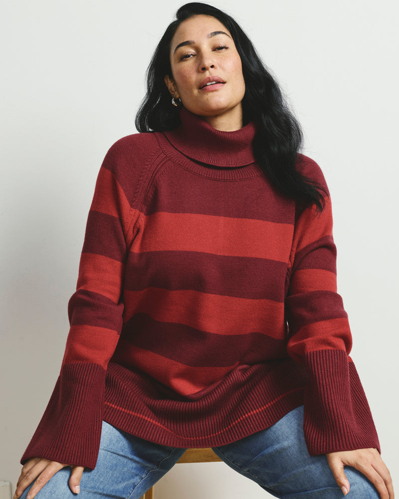 Better-Than-Wool Oversize Turtleneck Sweater - Black Cherry/Red Rugby Stripe