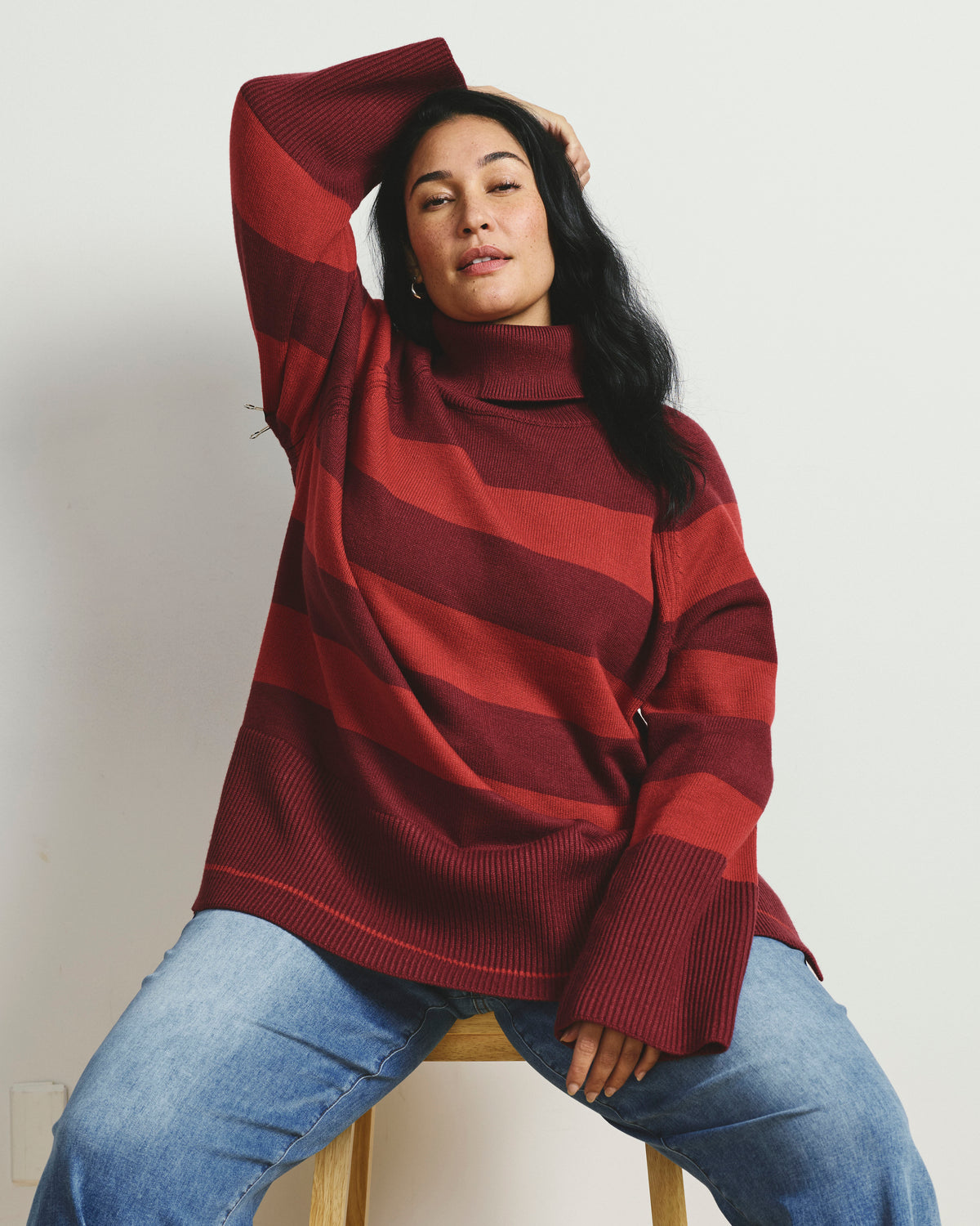 Better-Than-Wool Oversize Turtleneck Sweater - Black Cherry/Red Rugby Stripe