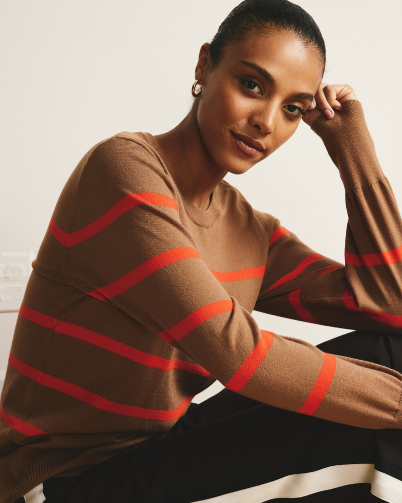Savvy Fine Knit Crew Sweater - Classic Camel/Poppy Stripe