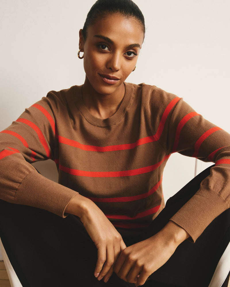 Savvy Fine Knit Crew Sweater - Classic Camel/Poppy Stripe