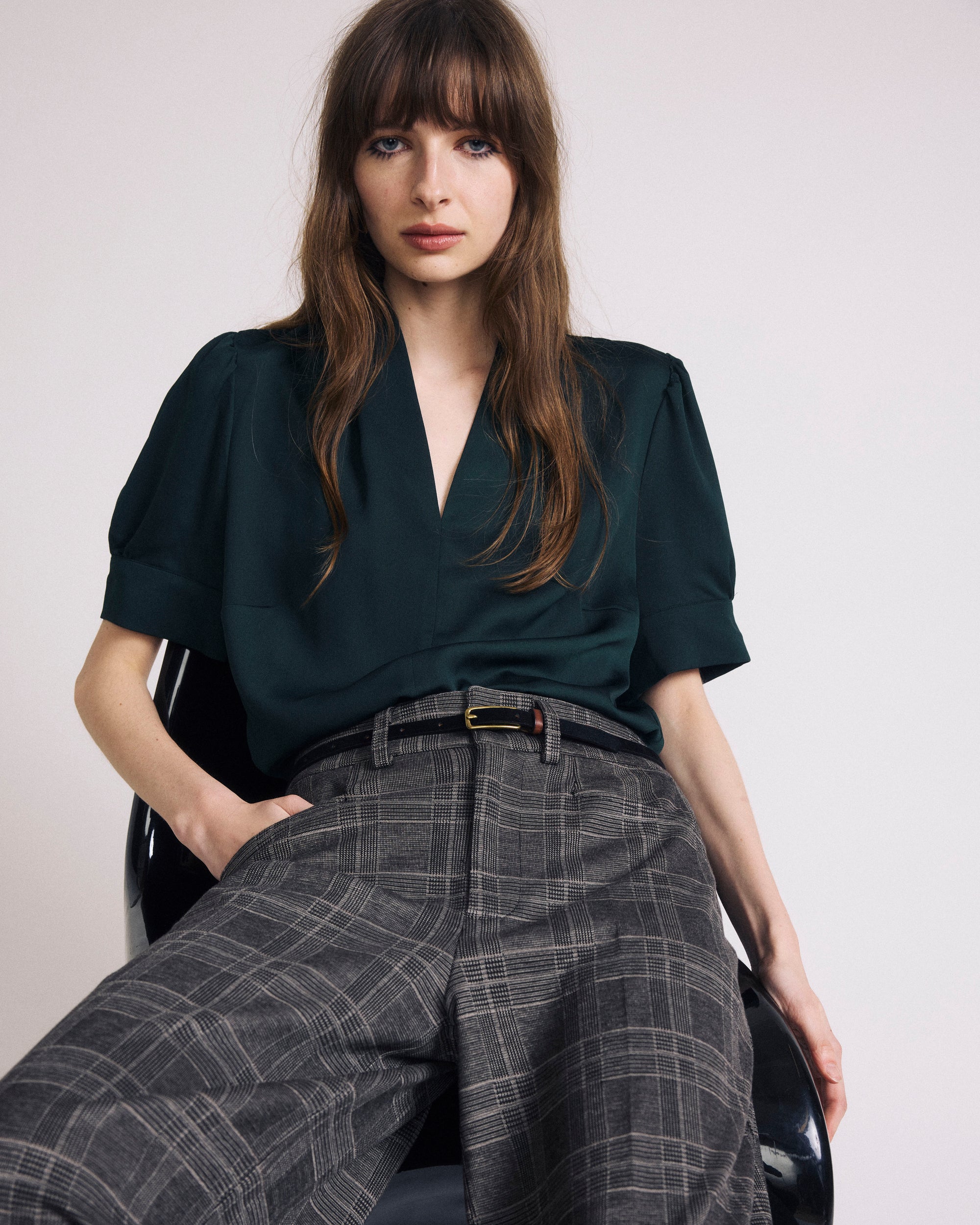 Woman wearing Beatrice Soft Satin Top - Forest Green from Universal Standard