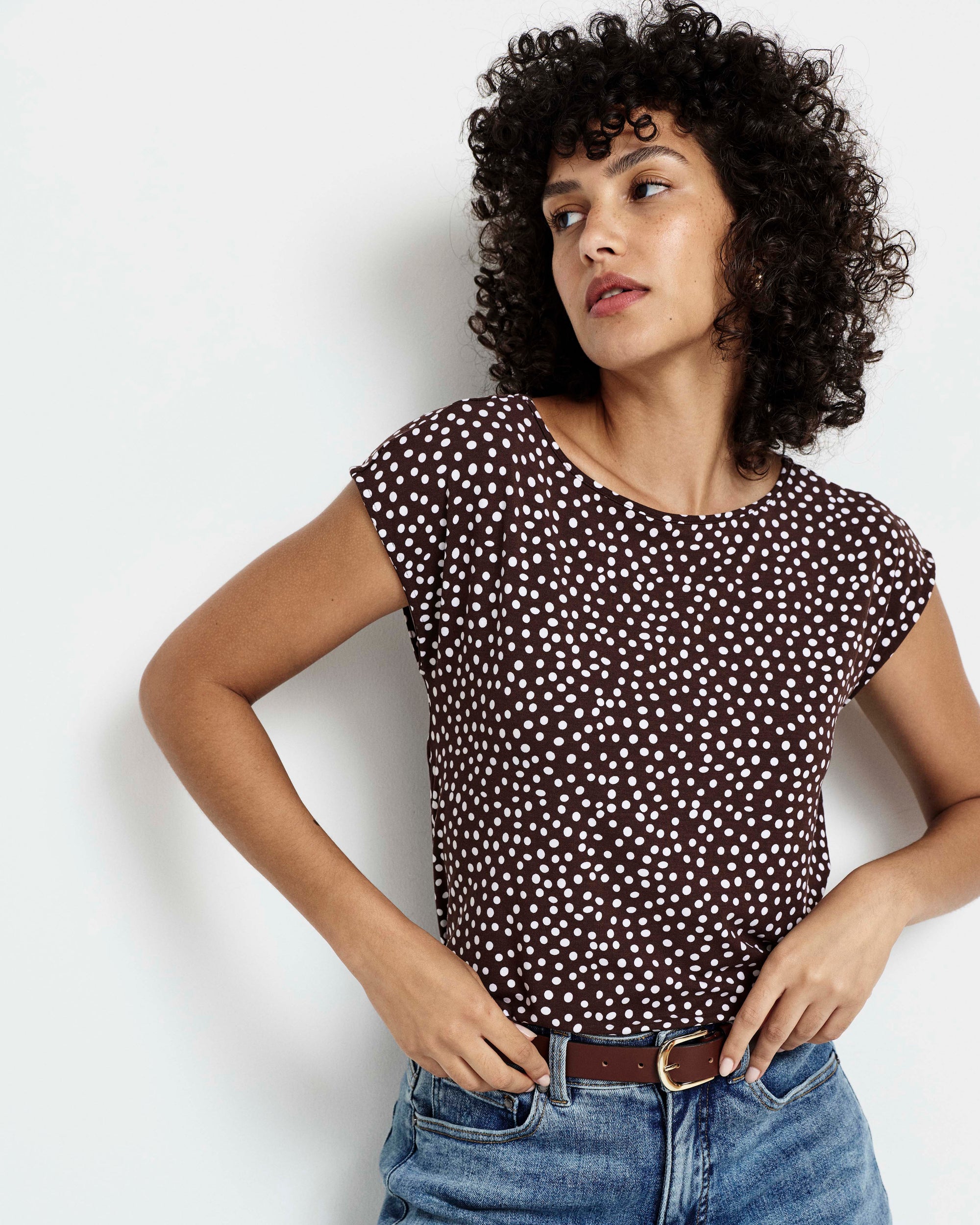 Heatwave Divine Jersey Flared Top - Brown/White Dot Print | Plus Size & Straight Size Women's Fashion | Universal Standard