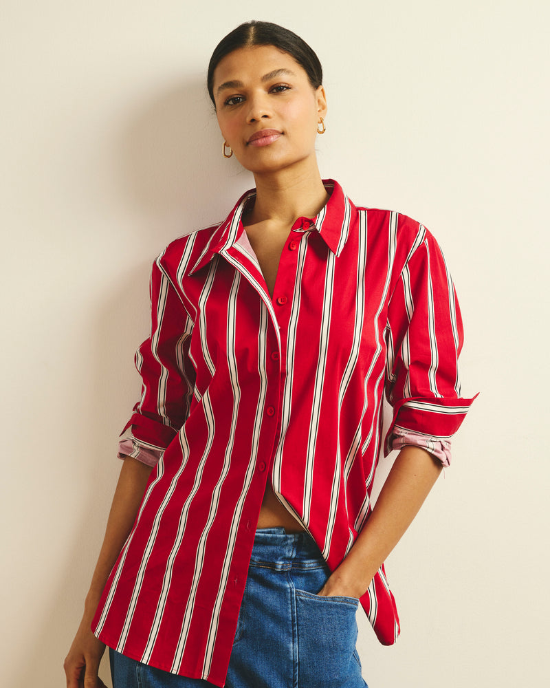 Woman wearing The Artist Poplin Shirt - Red/Black/White Stripe from Fit Liberty