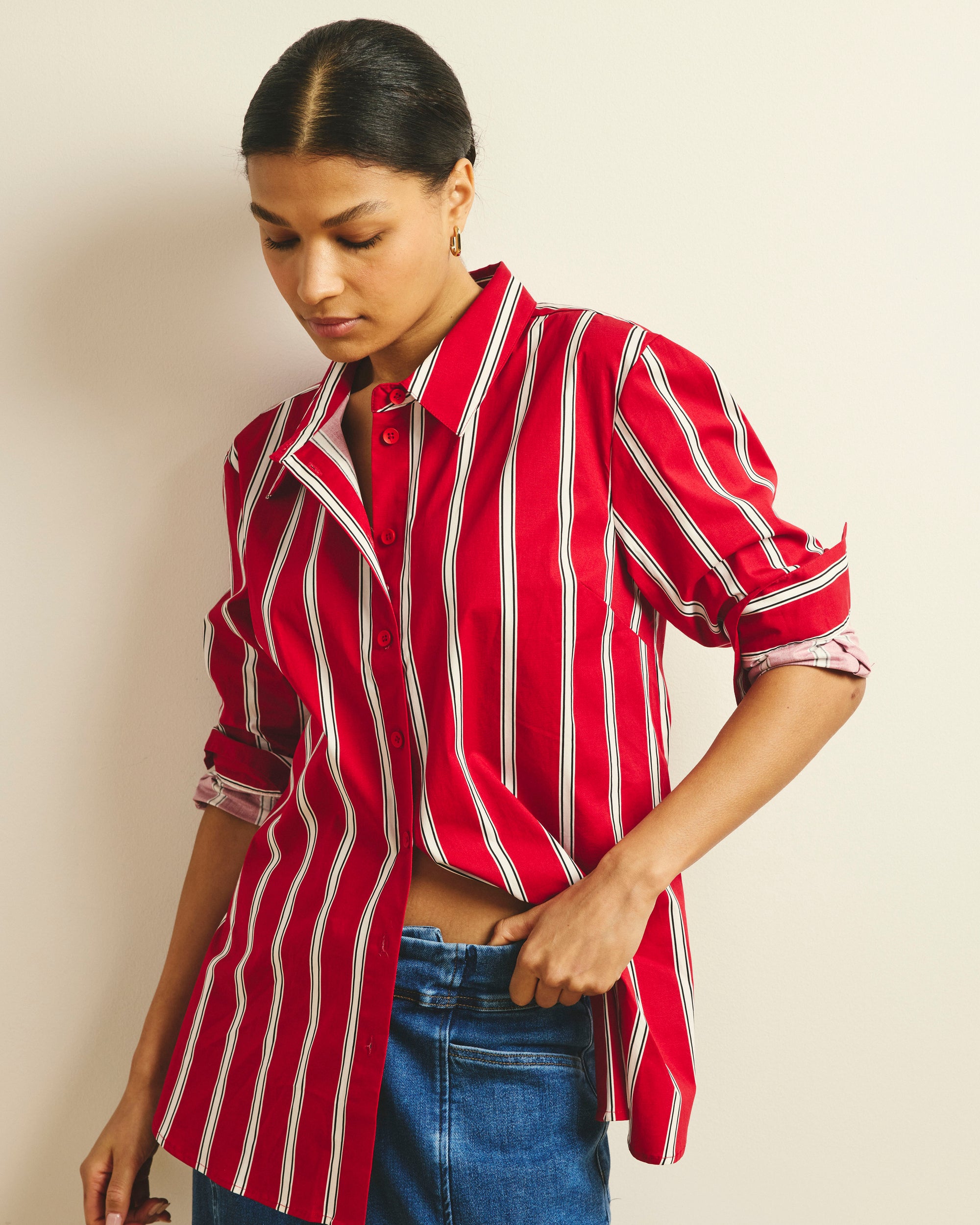 The Artist Poplin Shirt - Red/Black/White Stripe Universal Standard The Artist Poplin Shirt - Red/Black/White Stripe Universal Standard