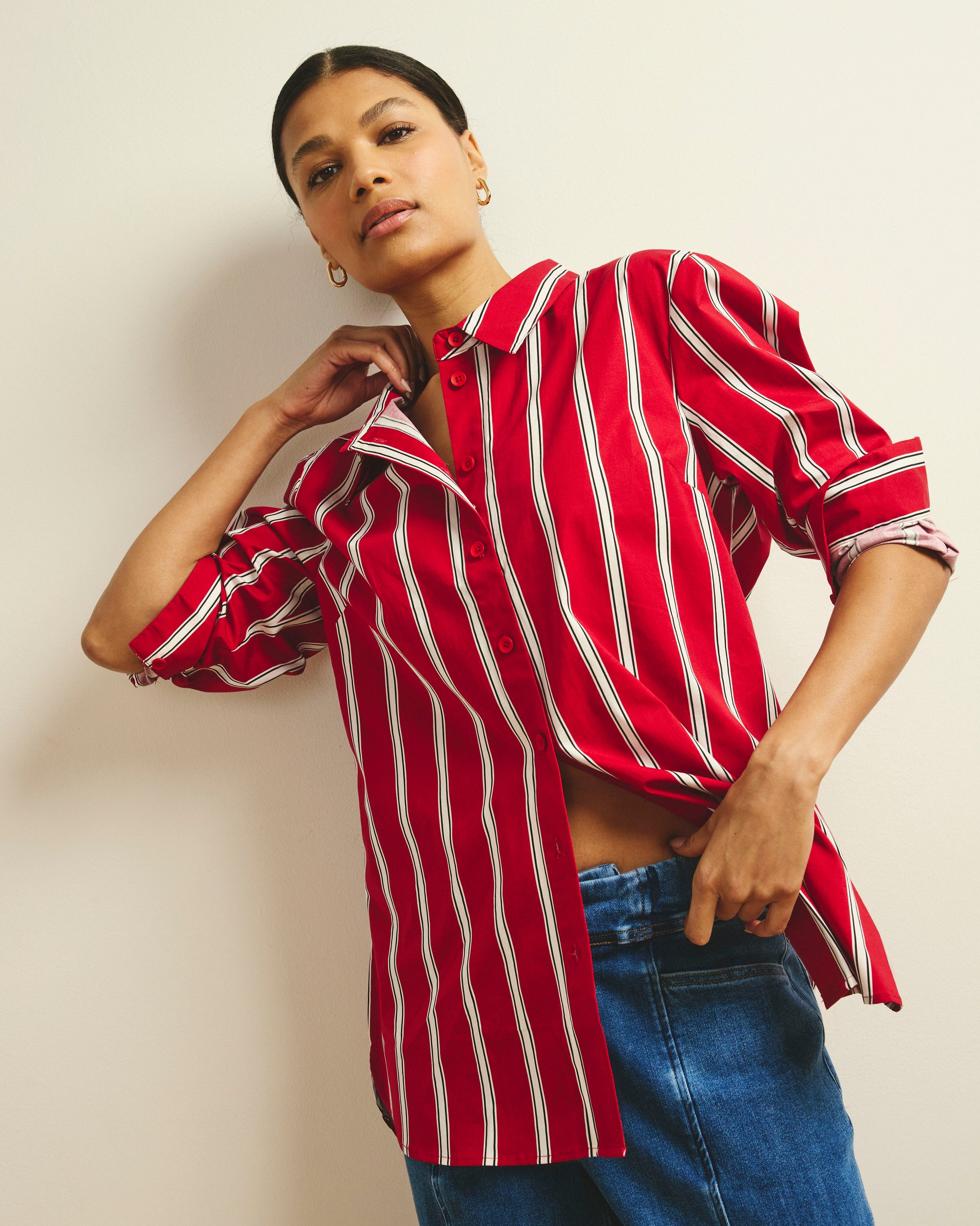 The Artist Poplin Shirt - Red/Black/White Stripe | Plus Size & Straight Size Women's Fashion | Universal Standard