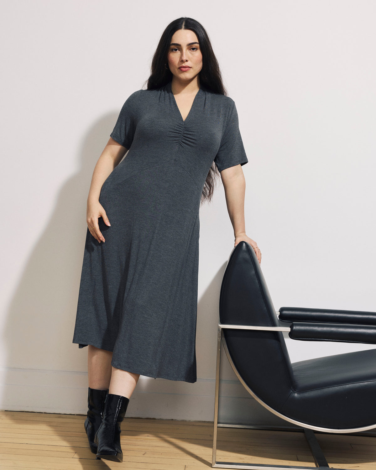 Zadie Liquid Jersey Gathered Dress - Dark Gray Heather | Plus Size & Straight Size Women's Fashion | Universal Standard
