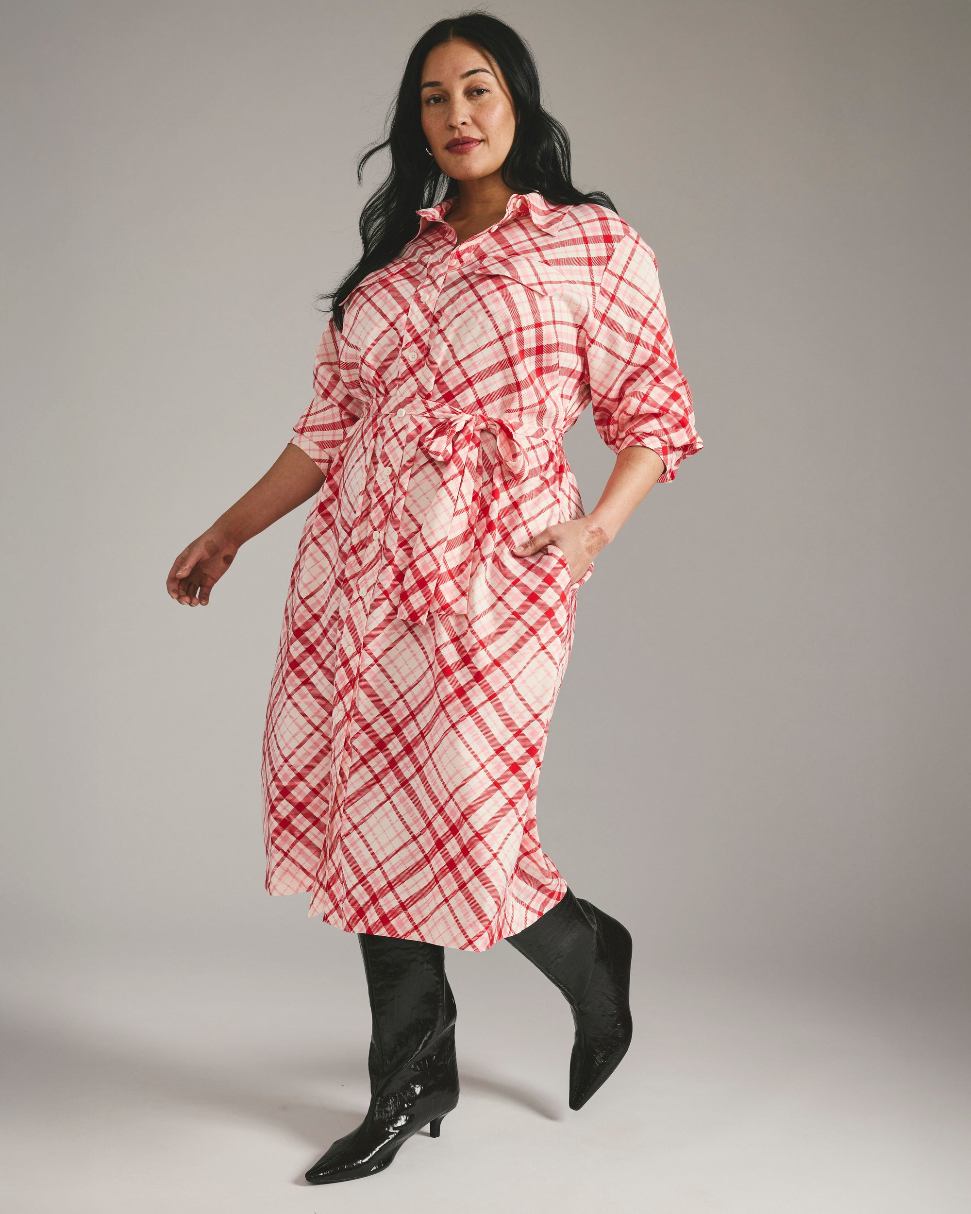 Universal Standard Plus Size Cooling Stretch Cupro Savannah Dress - Red Plaid Print Universal Standard Plus Size Cooling Stretch Cupro Savannah Dress - Red Plaid Print