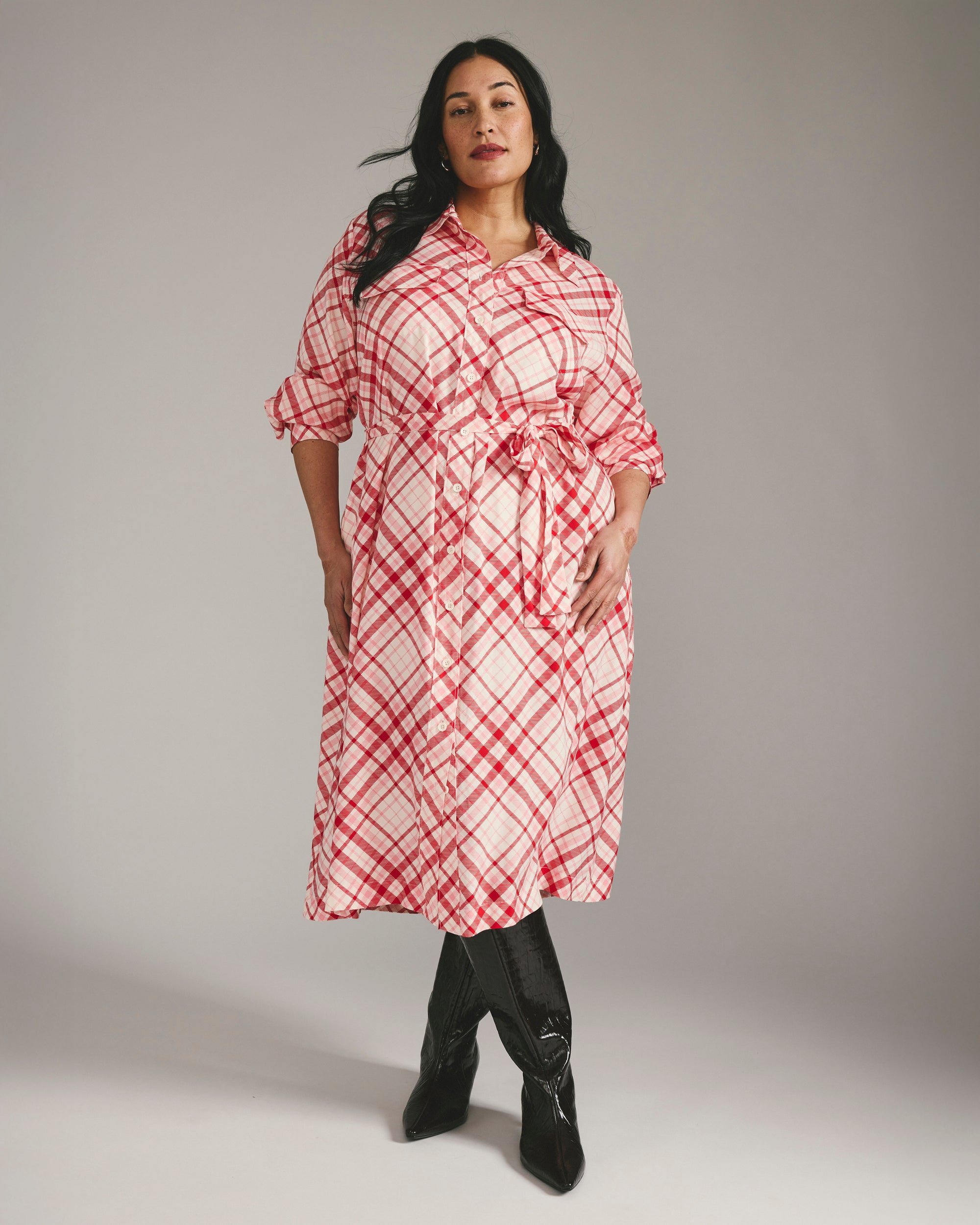 Universal Standard Plus Size Cooling Stretch Cupro Savannah Dress - Red Plaid Print Universal Standard Plus Size Cooling Stretch Cupro Savannah Dress - Red Plaid Print