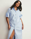 Woman wearing Odeon Stretch Poplin Shirtdress - Blue/White Stripe from Universal Standard