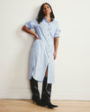 Woman wearing Odeon Stretch Poplin Shirtdress - Blue/White Stripe from Universal Standard