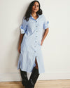 Woman wearing Odeon Stretch Poplin Shirtdress - Blue/White Stripe from Universal Standard