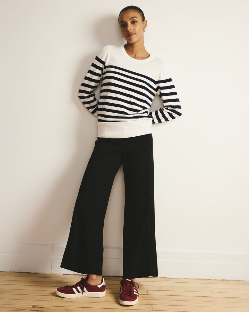Savvy Fine Knit Crew Sweater - Cream/Navy Stripes