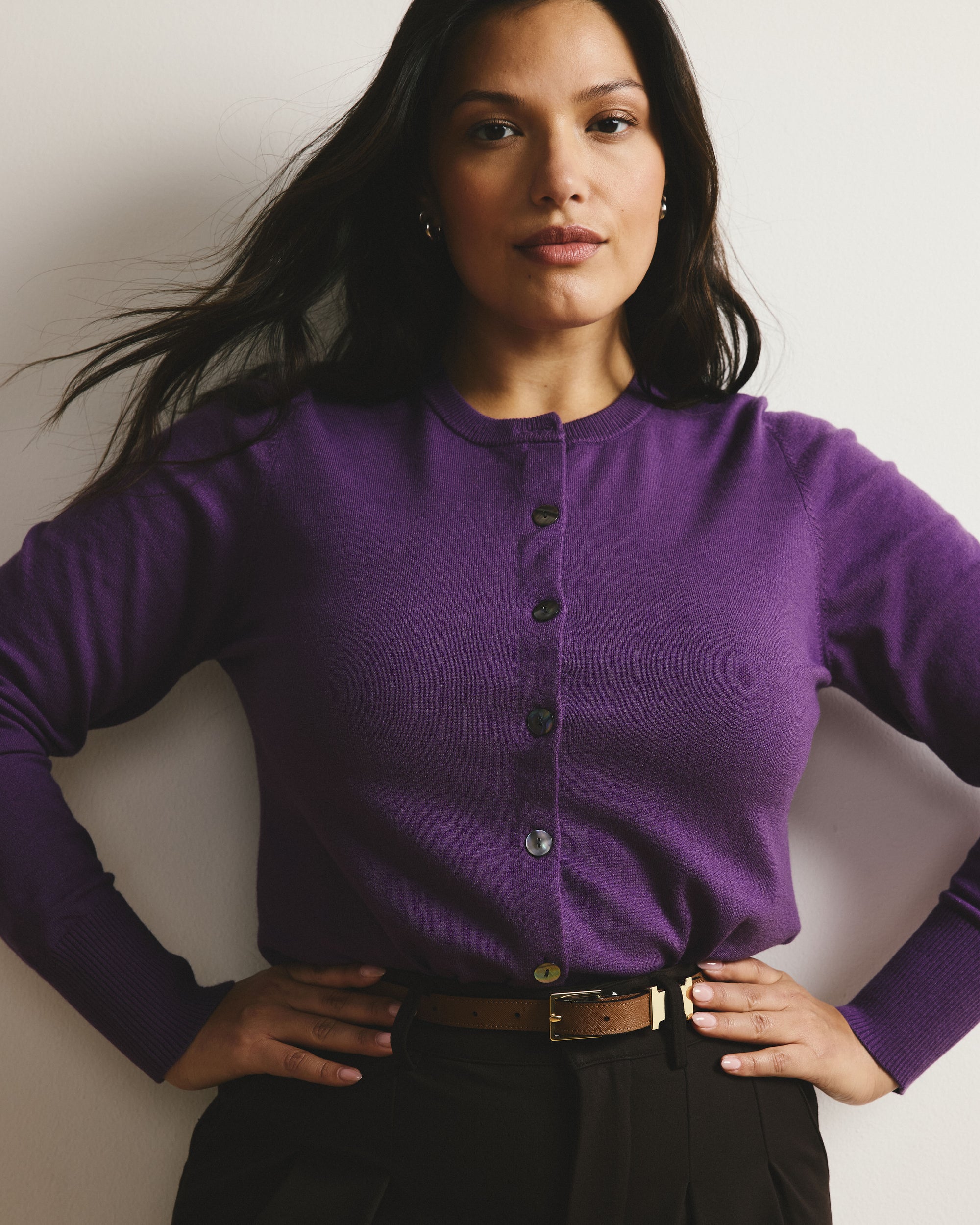 Savvy Fine Knit Crewneck Cardigan - Grape