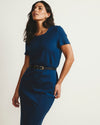 Woman wearing Executive Ponte Dress - Deep Teal from Universal Standard