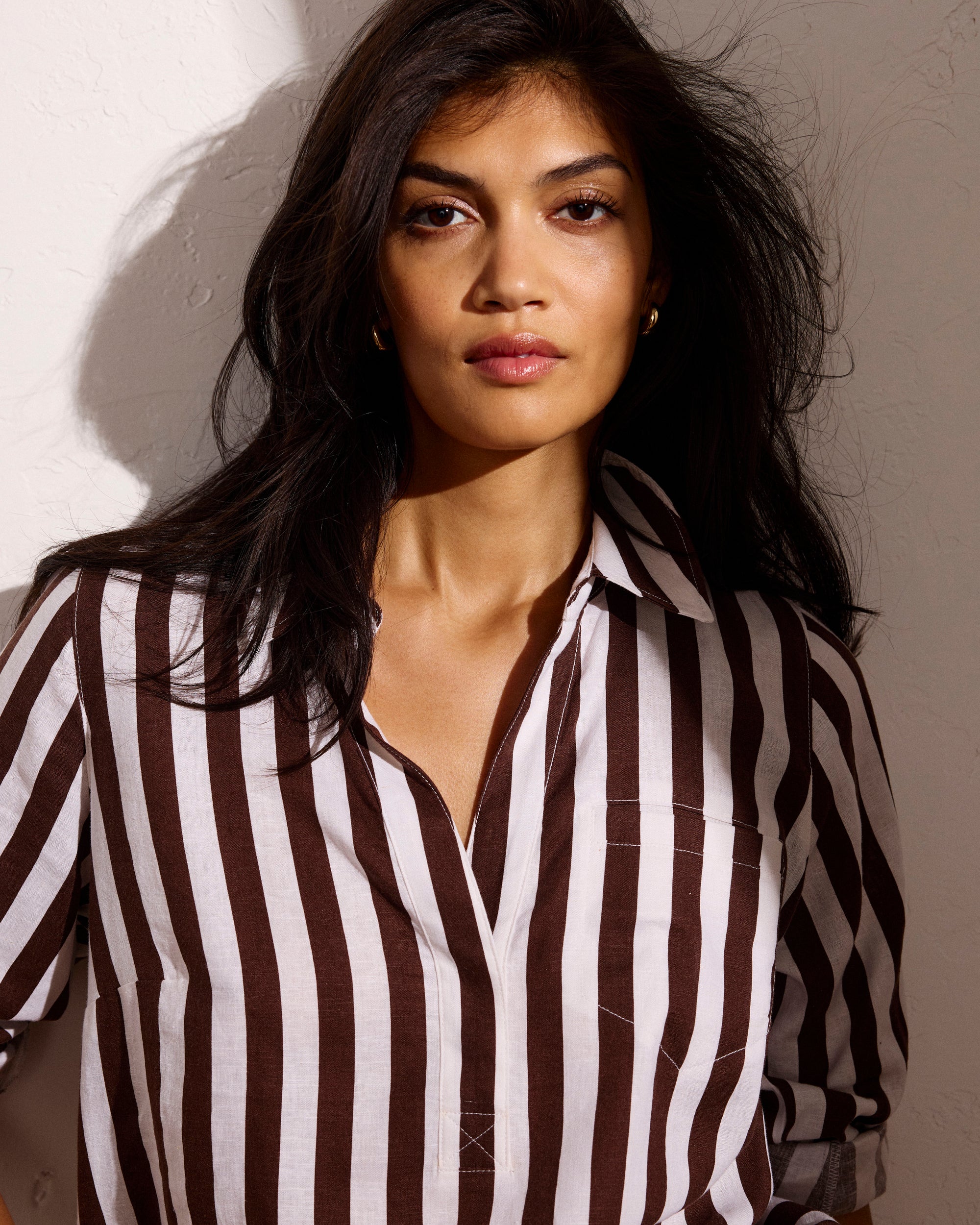 Button Back Linen Blend Polo Shirt - Peppercorn Stripe | Plus Size & Straight Size Women's Fashion | Universal Standard