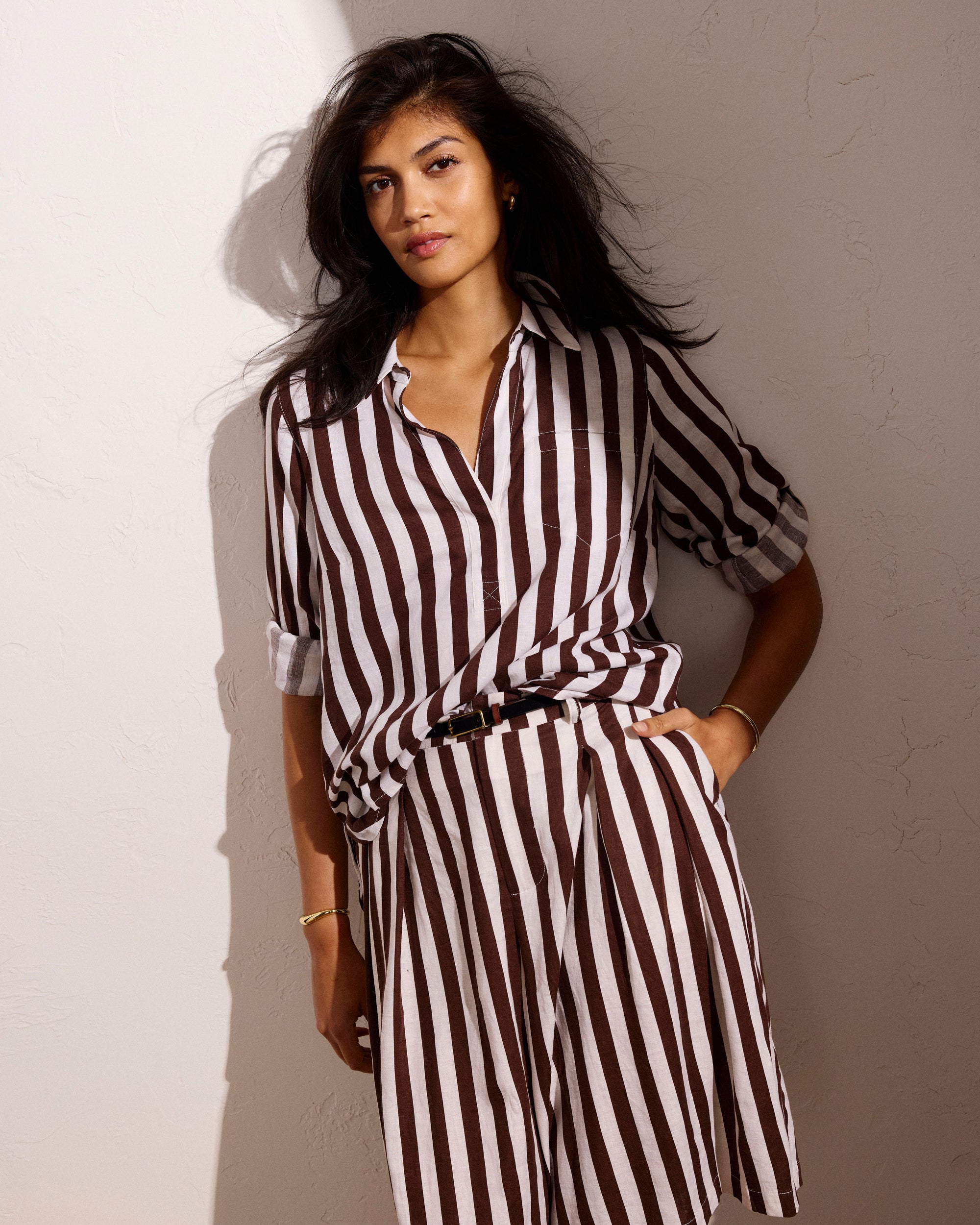 Button Back Linen Blend Polo Shirt - Peppercorn Stripe | Plus Size & Straight Size Women's Fashion | Universal Standard