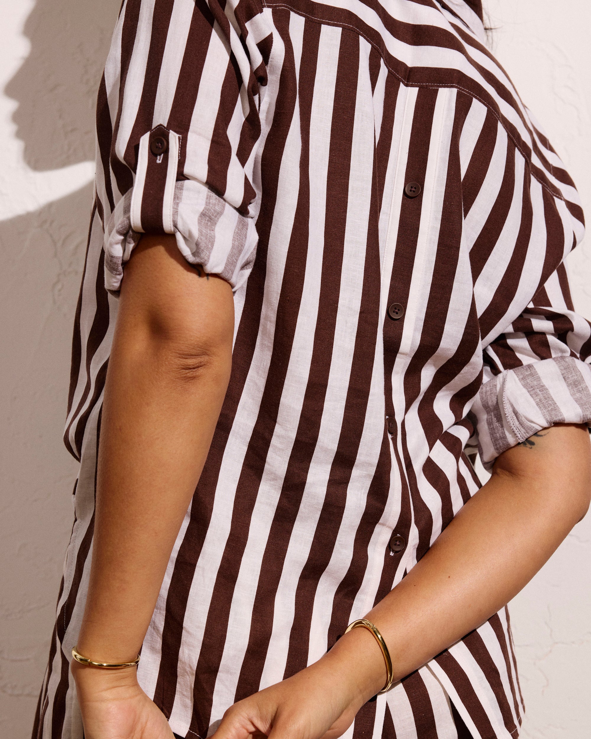 Button Back Linen Blend Polo Shirt - Peppercorn Stripe | Plus Size & Straight Size Women's Fashion | Universal Standard