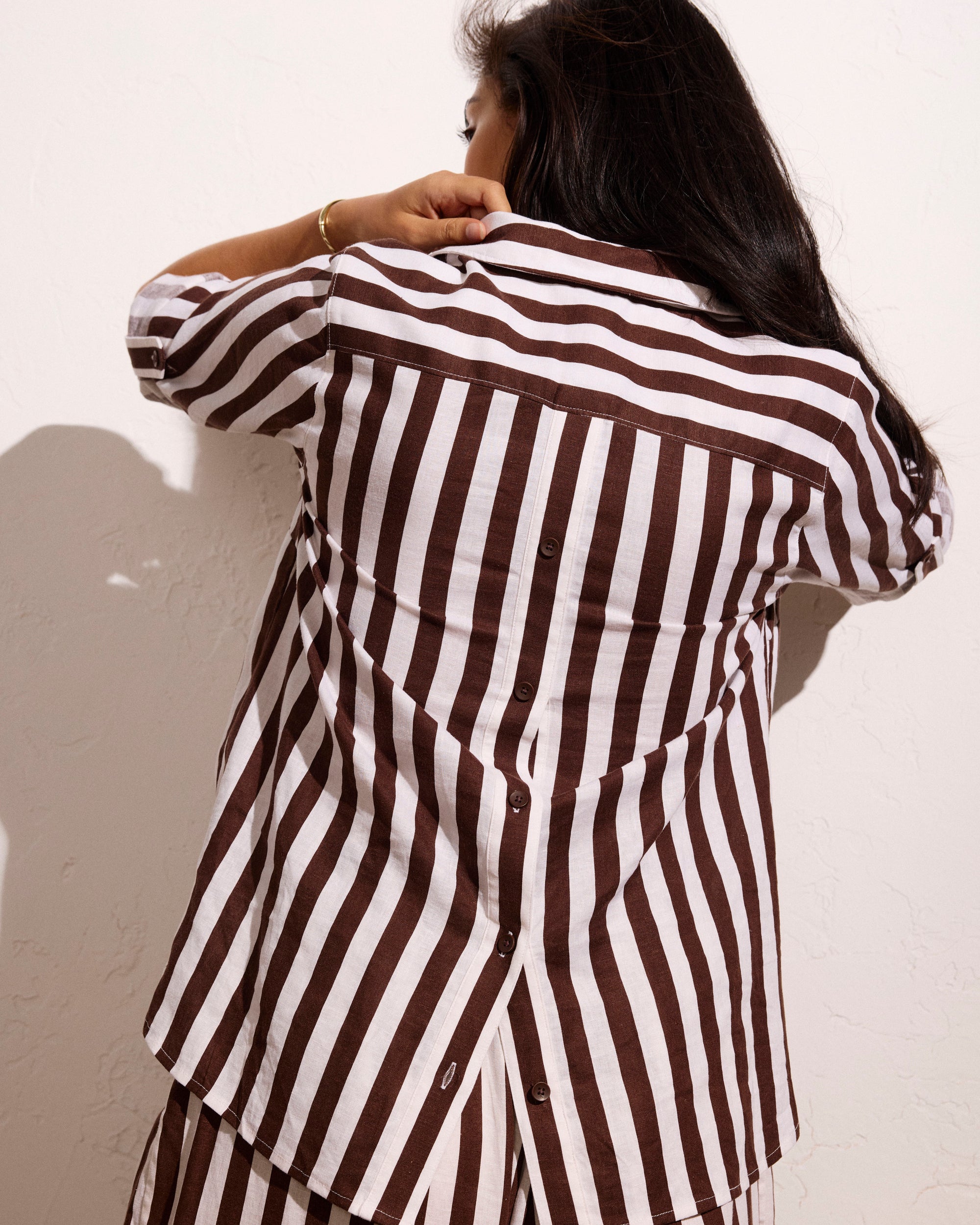 Button Back Linen Blend Polo Shirt - Peppercorn Stripe | Plus Size & Straight Size Women's Fashion | Universal Standard