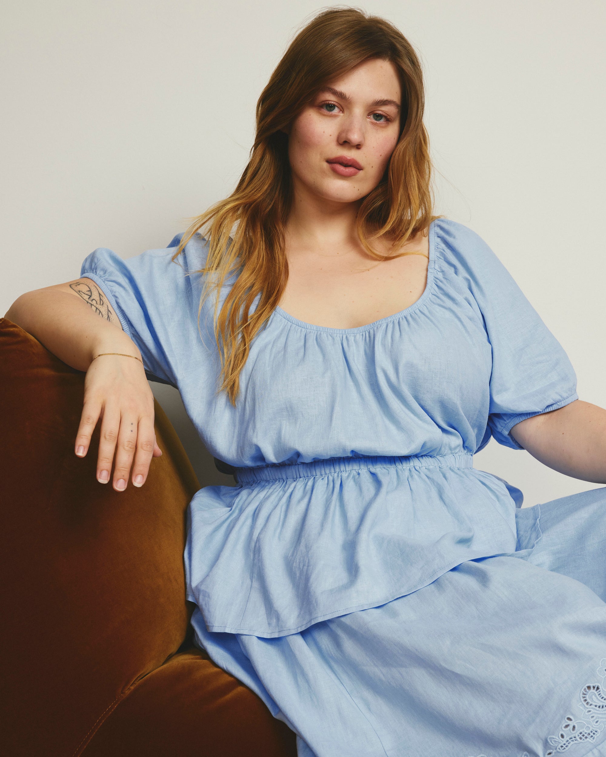 Andrea Peplum Linen Blend Top - / Cielo Blue- SizeL