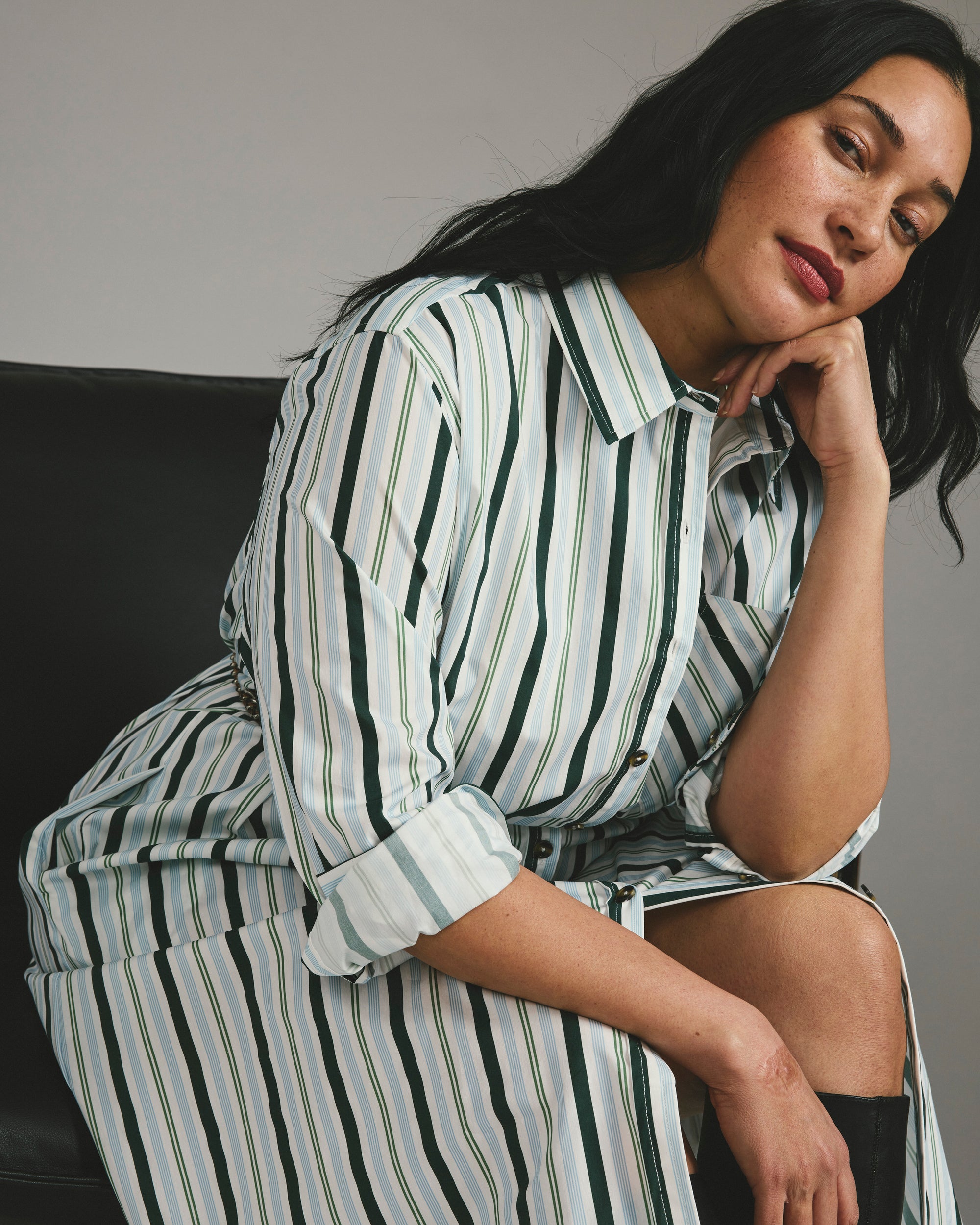 Odeon Stretch Poplin Shirtdress - Forest Green Multi Stripe