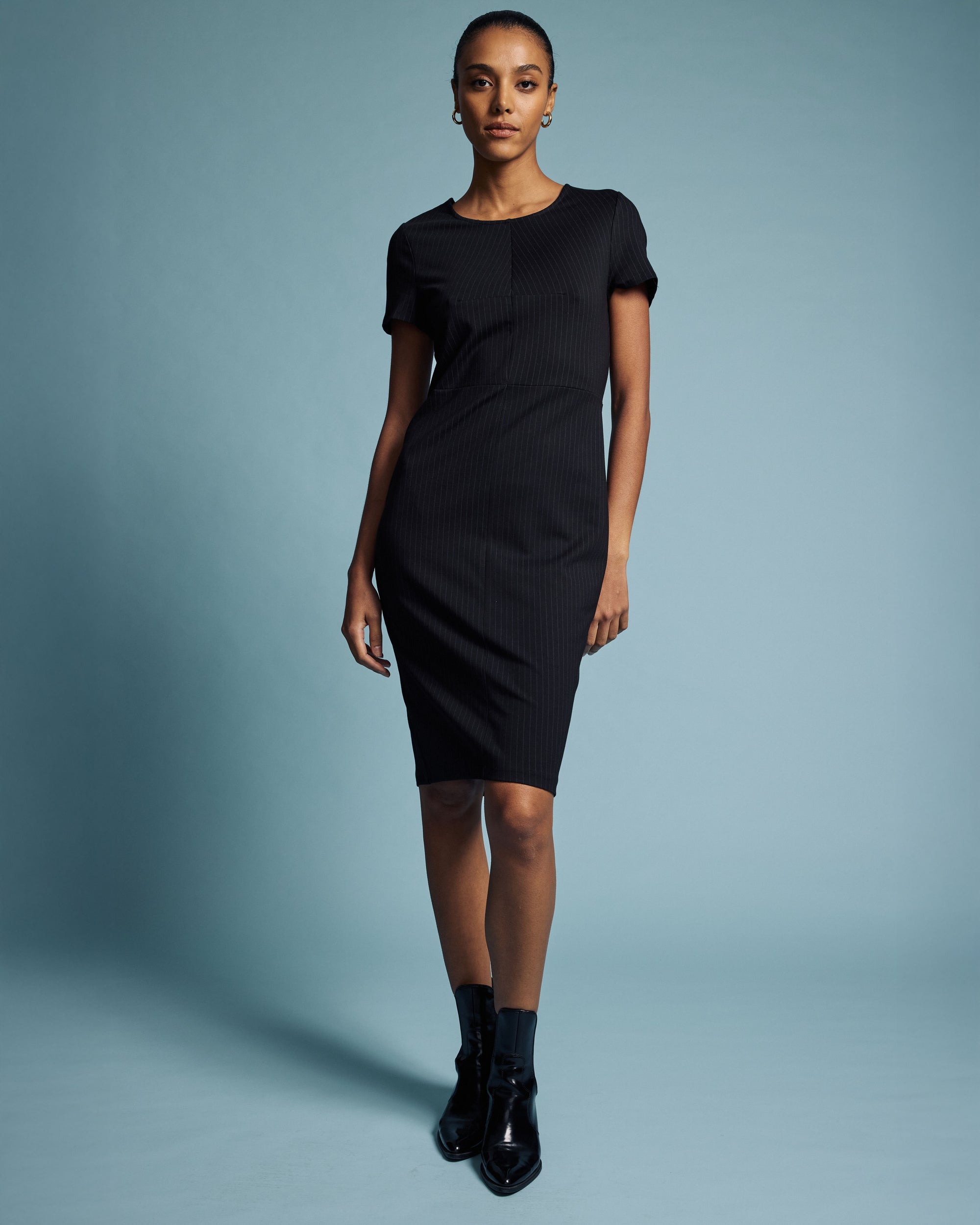 Executive Ponte Dress - Slate Pinstripe By Universal Standard Executive Ponte Dress - Slate Pinstripe By Universal Standard