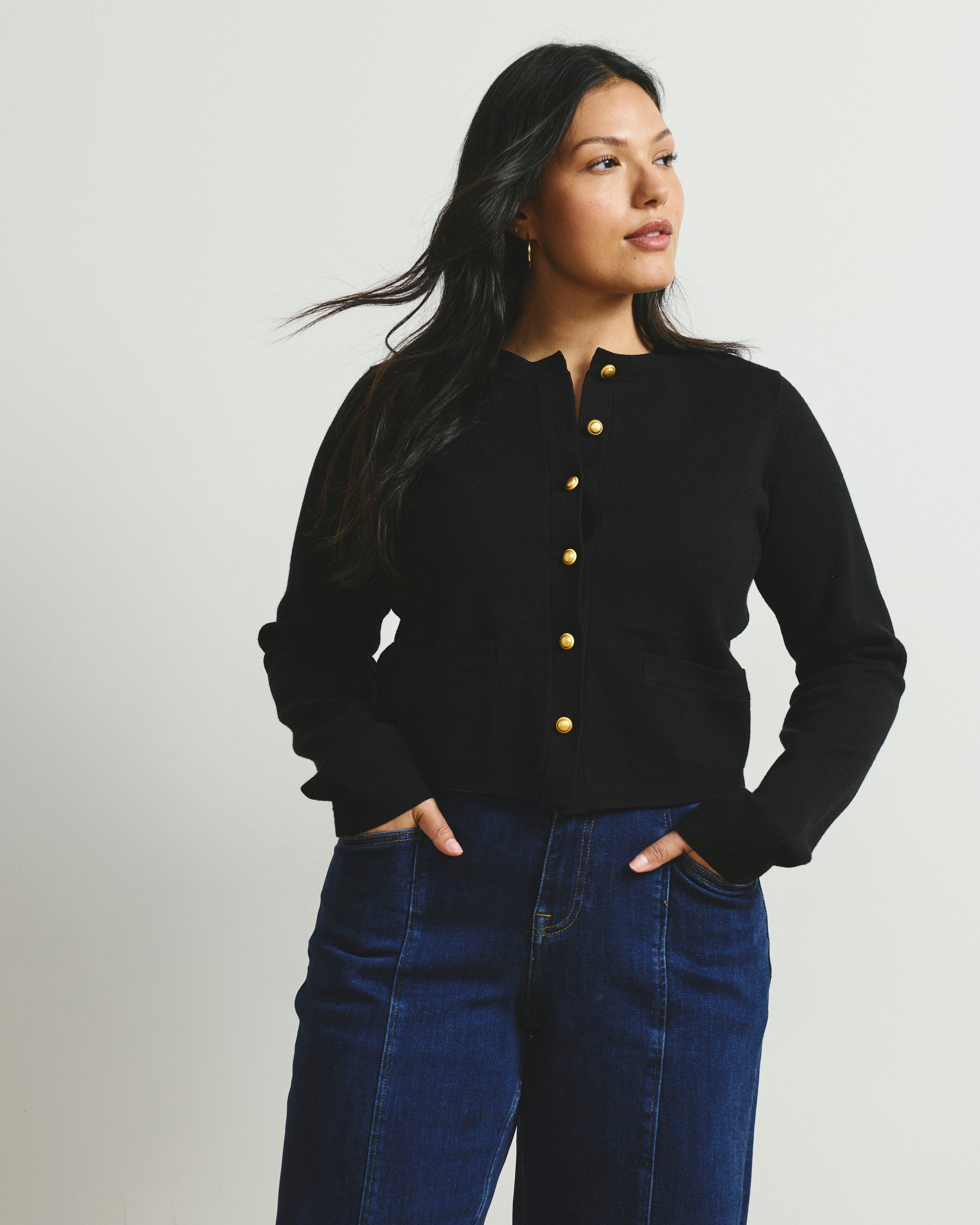Gabrielle Button-Front Cardigan - Black