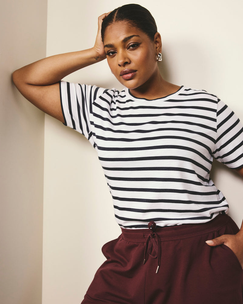 Woman wearing Light-As-Air Tee Rex - Zen Stripe from Universal Standard