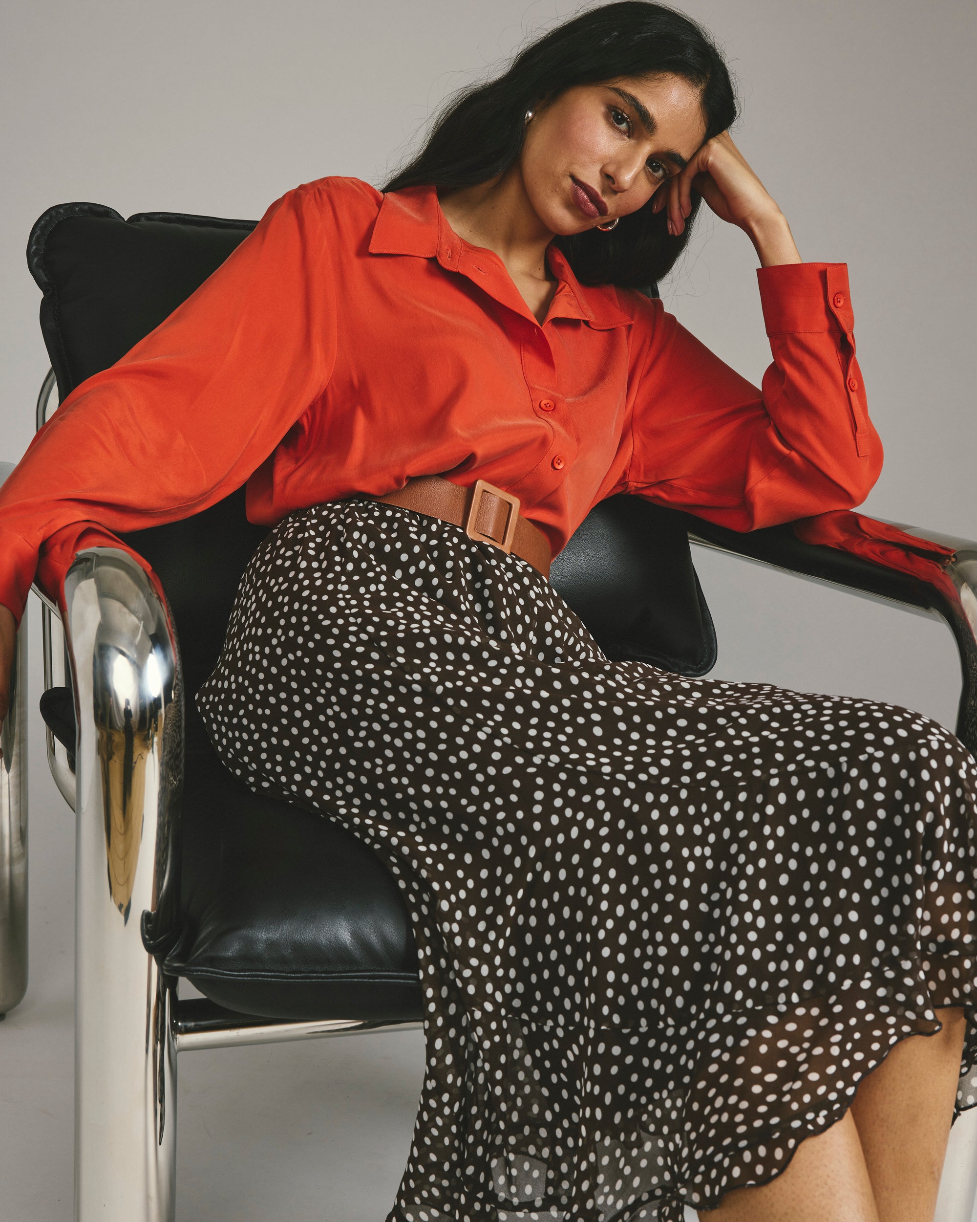 Navarte Chiffon Midi Skirt - Brown/White Dot Print