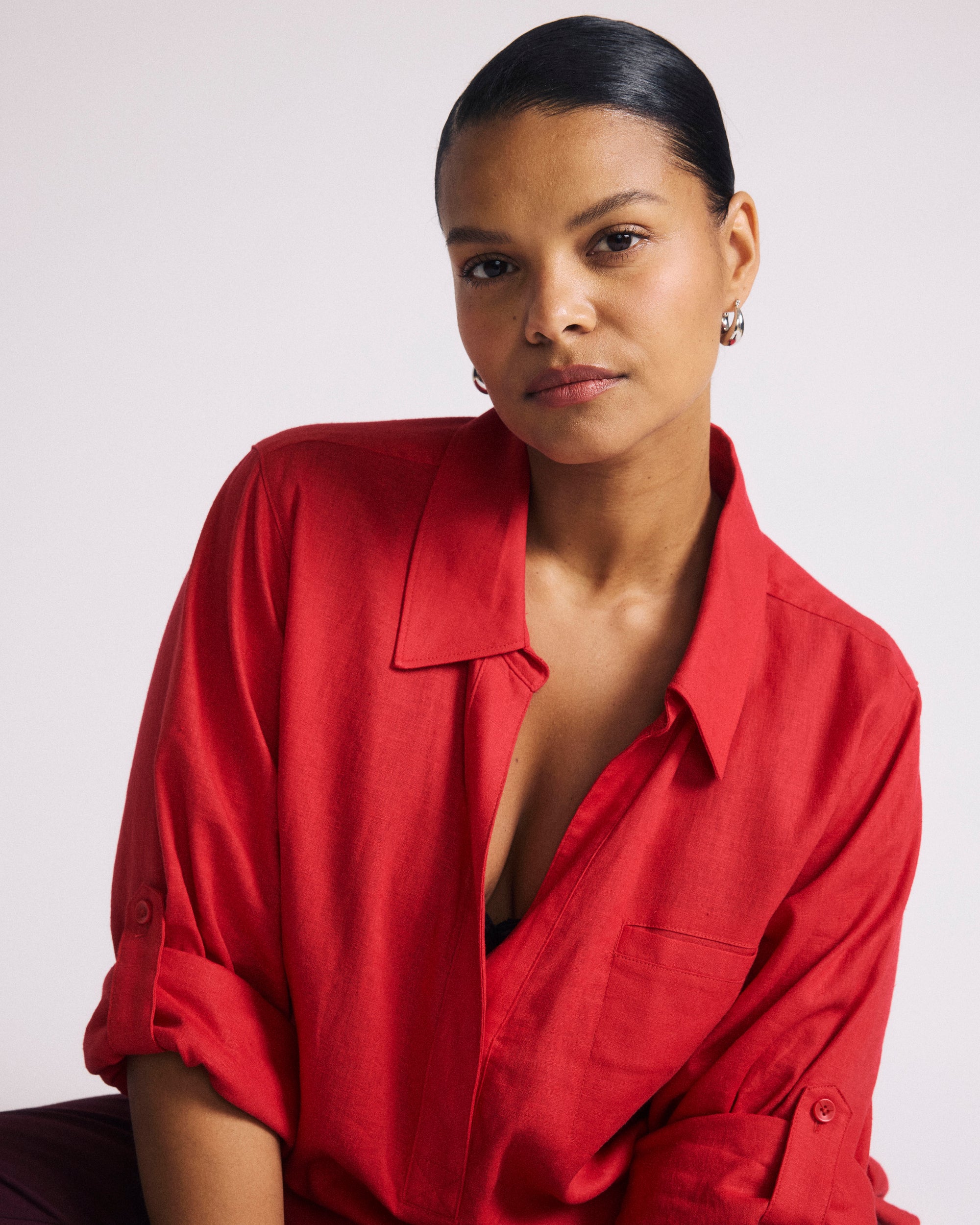 Button Back Linen Blend Polo Shirt - Brilliant Red | Plus Size & Straight Size Women's Fashion | Universal Standard