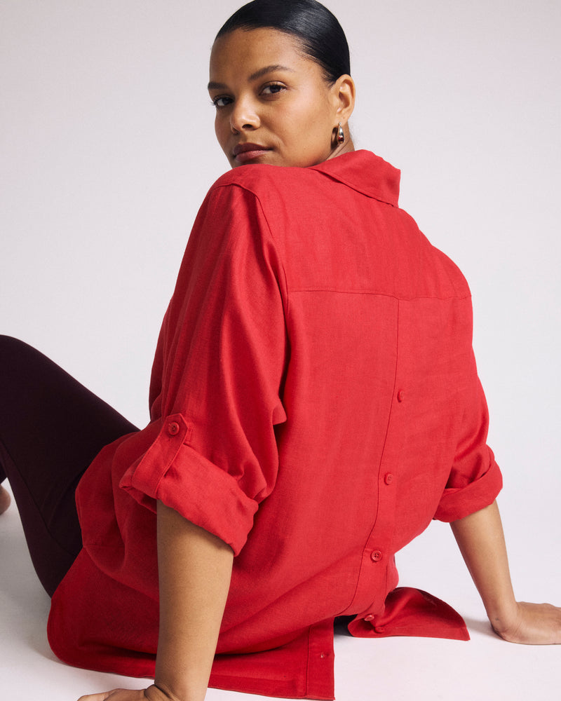 Woman wearing Button Back Linen Polo Shirt - Brilliant Red from Universal Standard