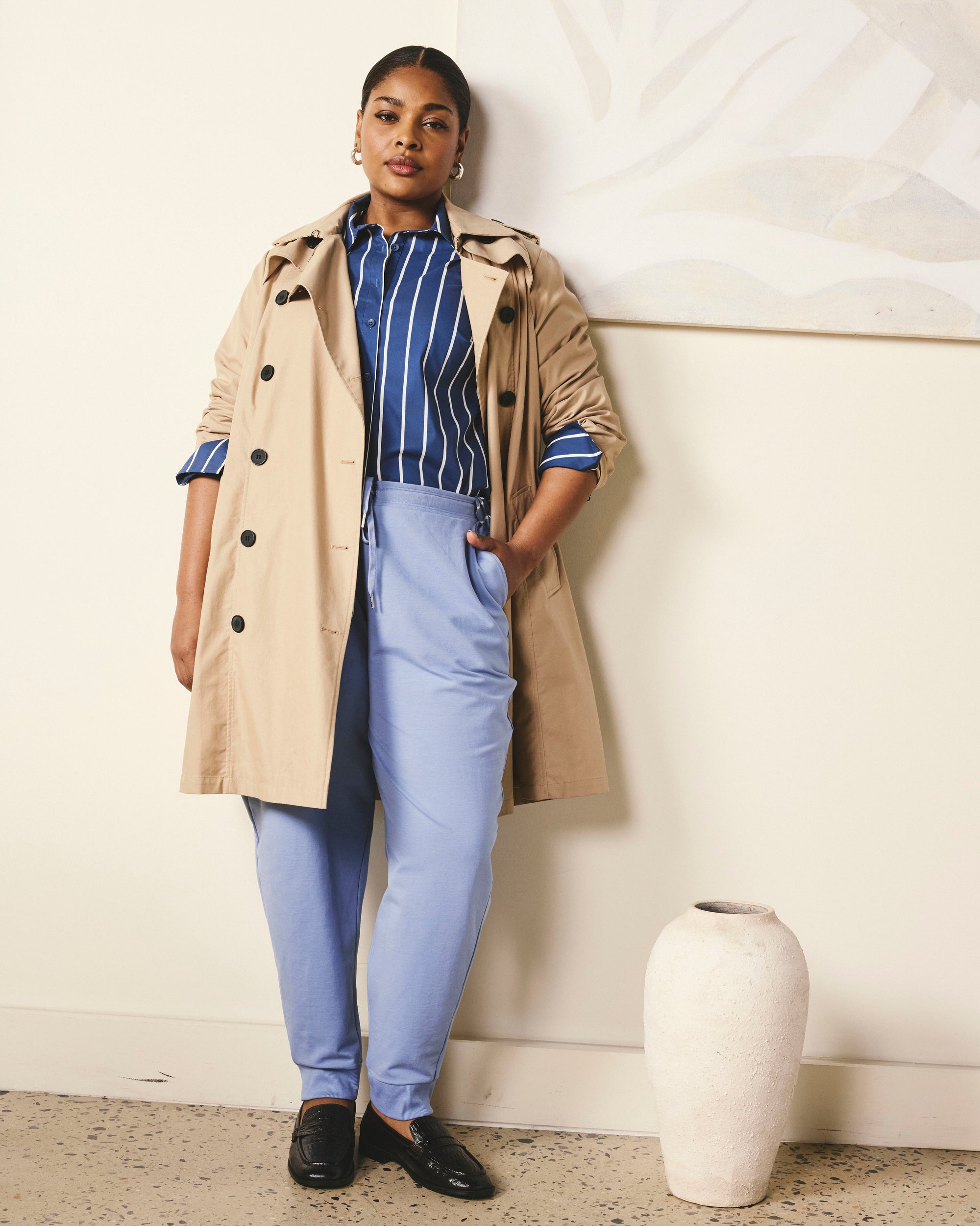 Woman wearing Selma French Terry Jogger - Graceful Blue from Universal Standard