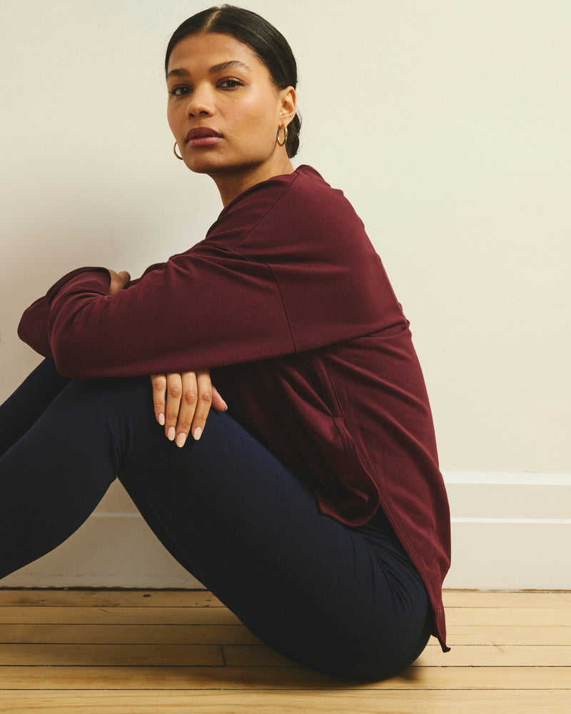 Woman wearing Fiona Side Slit Sweatshirt - Black Cherry from Fit Liberty