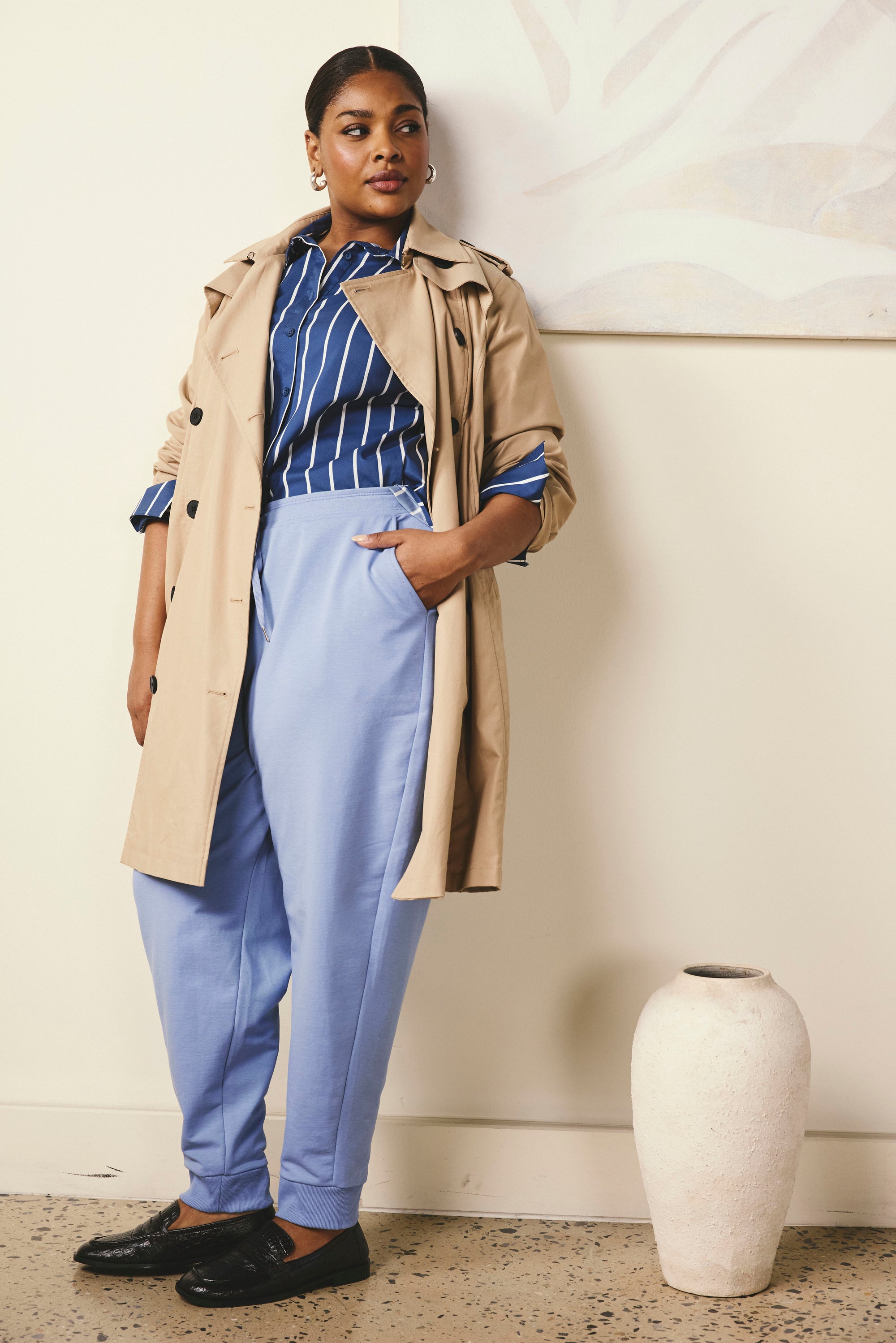 Woman wearing Selma French Terry Jogger - Graceful Blue from Universal Standard