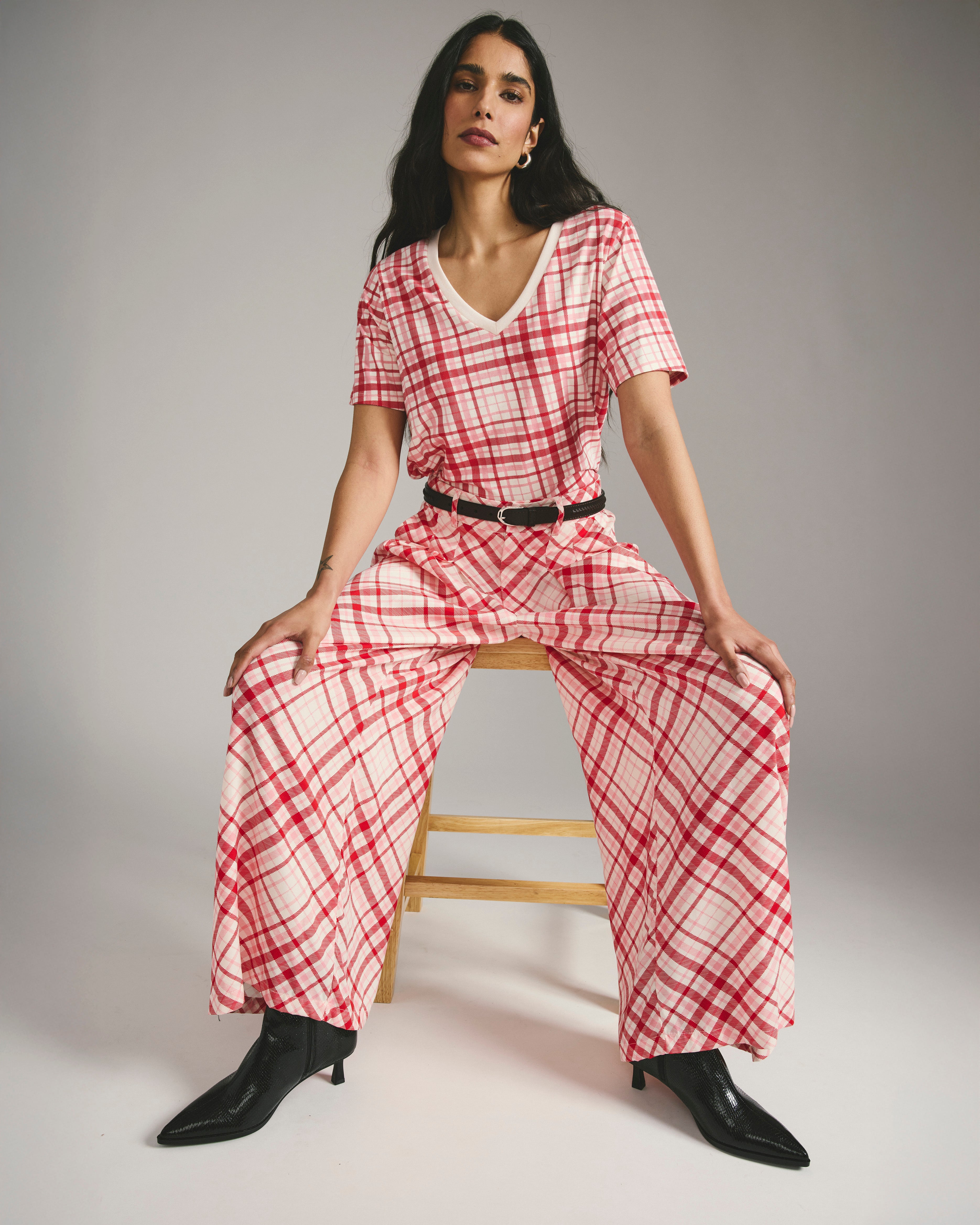 Palais Cooling Cupro Wide Leg Pant - Red Plaid Print