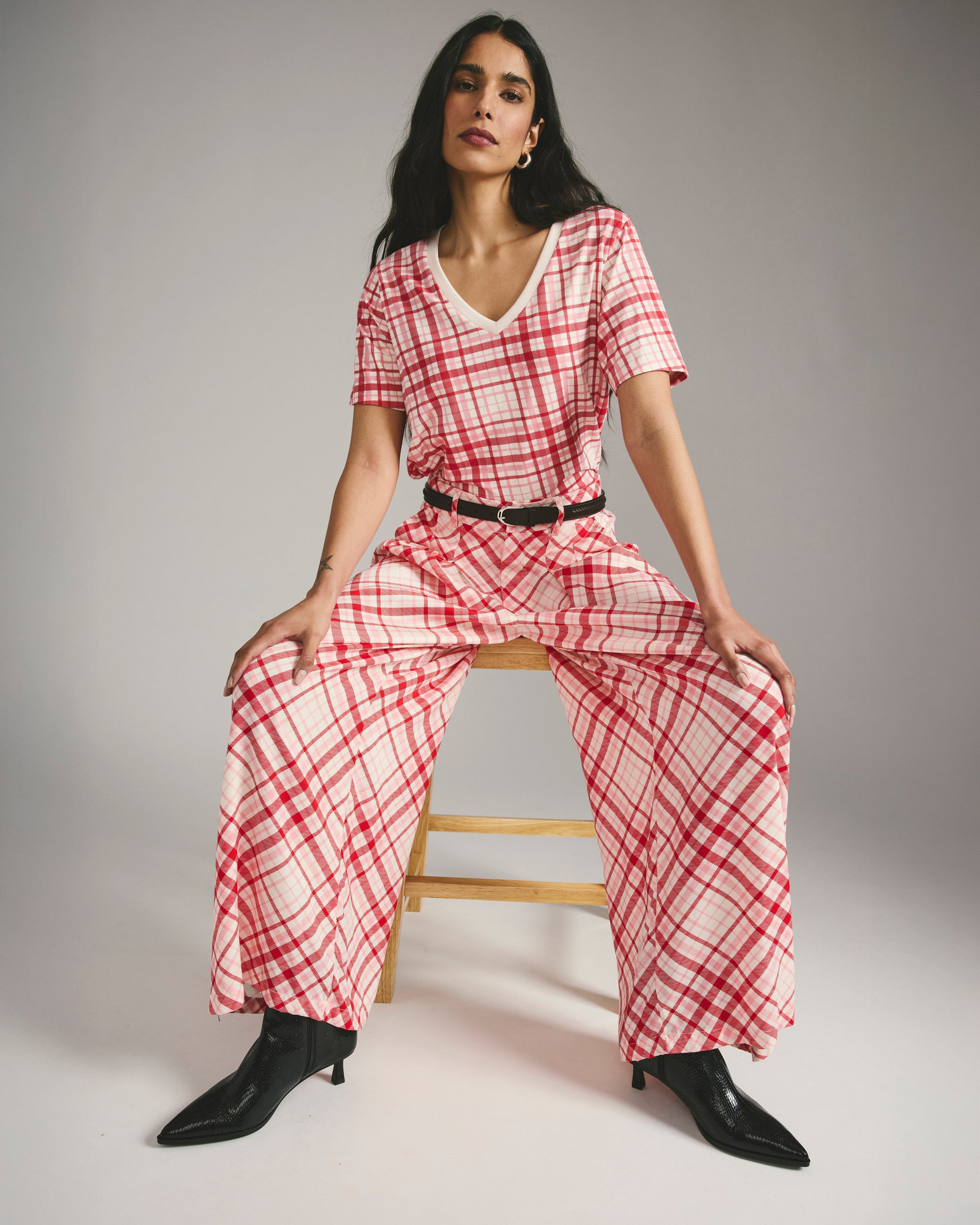 Palais Cooling Cupro Wide Leg Pant - Red Plaid Print