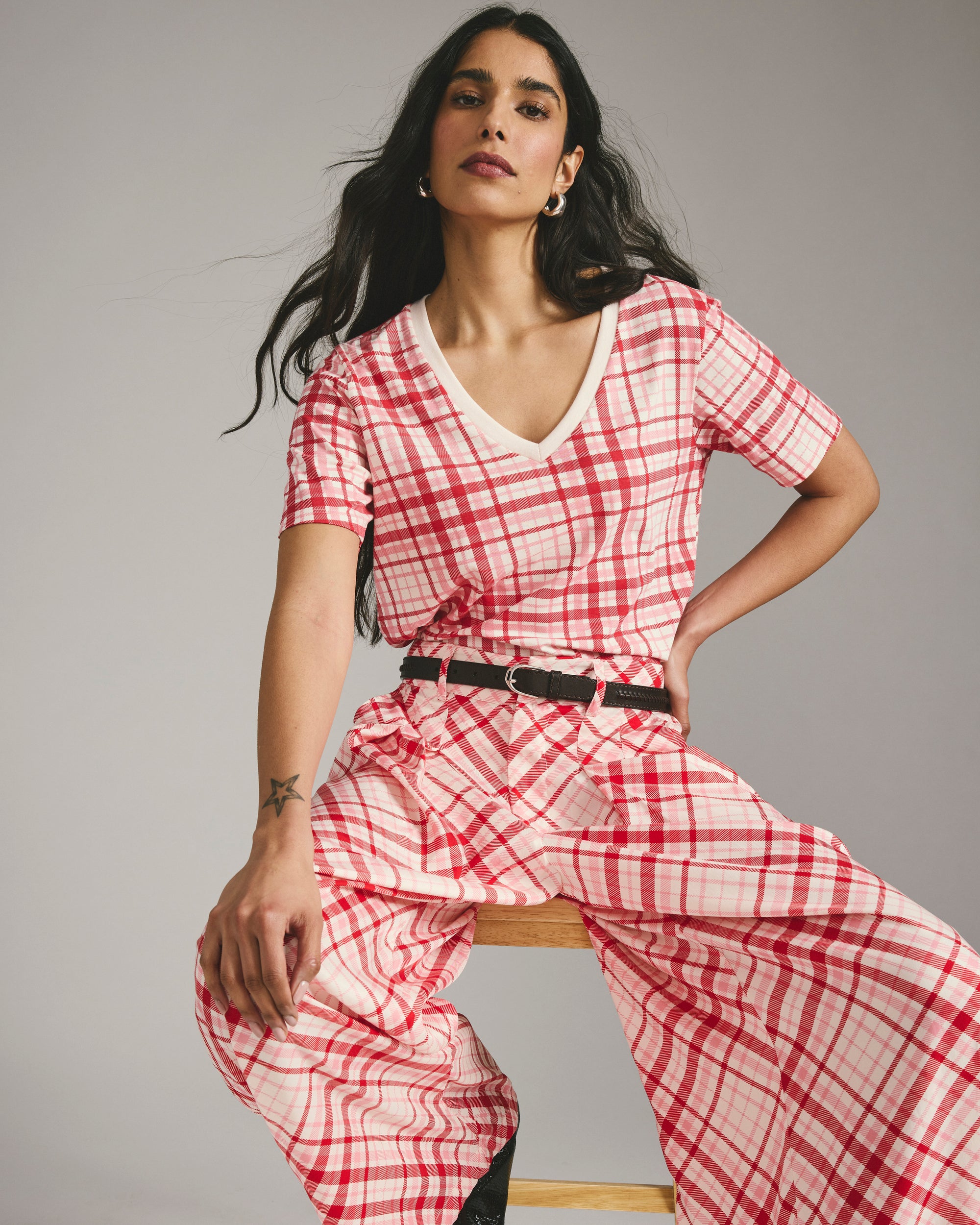 Palais Cooling Cupro Wide Leg Pant - Red Plaid Print