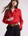 Woman wearing Elbe Stretch Linen Shirt - Brilliant Red from Universal Standard