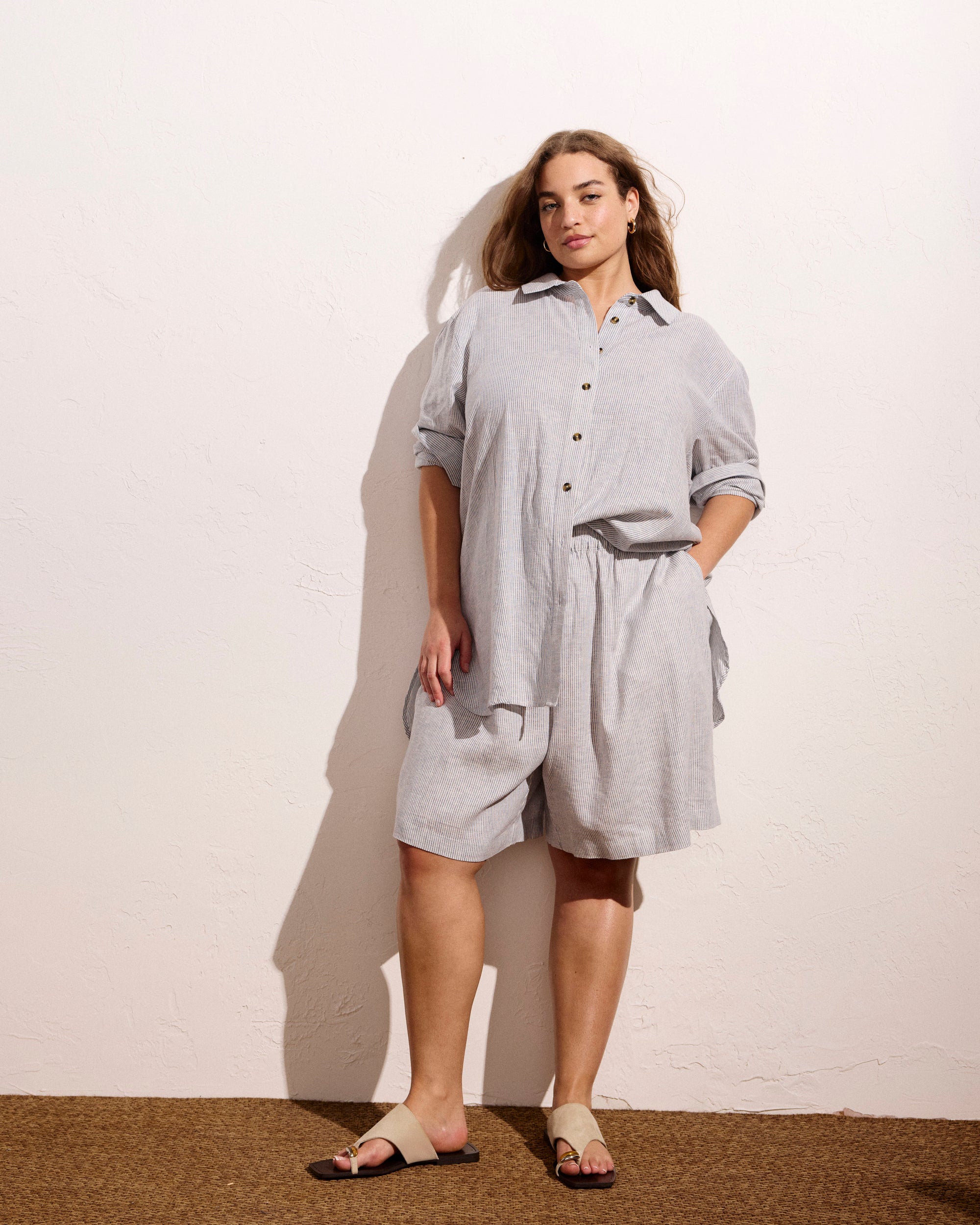 Dawn Linen Hi Low Tunic - Beach Stripe  Universal Standard