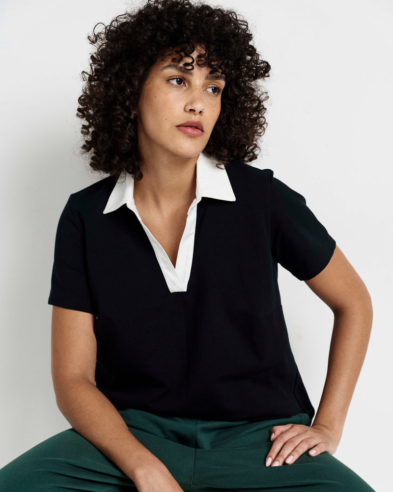 Varsity French Terry Polo Top - Black/White | Plus Size & Straight Size Women's Fashion | Universal Standard