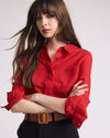 Woman wearing Elbe Stretch Linen Shirt - Brilliant Red from Universal Standard