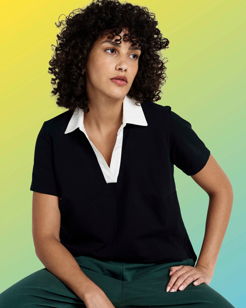 Varsity French Terry Polo Top - Black/White | Plus Size & Straight Size Women's Fashion | Universal Standard