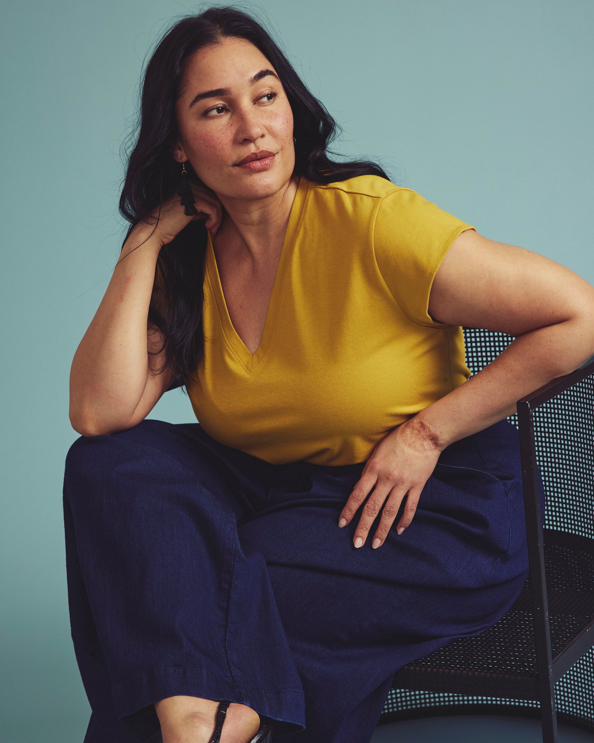 Ashley V Neck Cap Sleeve Tee - Yellow Ochre | Plus Size & Straight Size Women's Fashion | Universal Standard