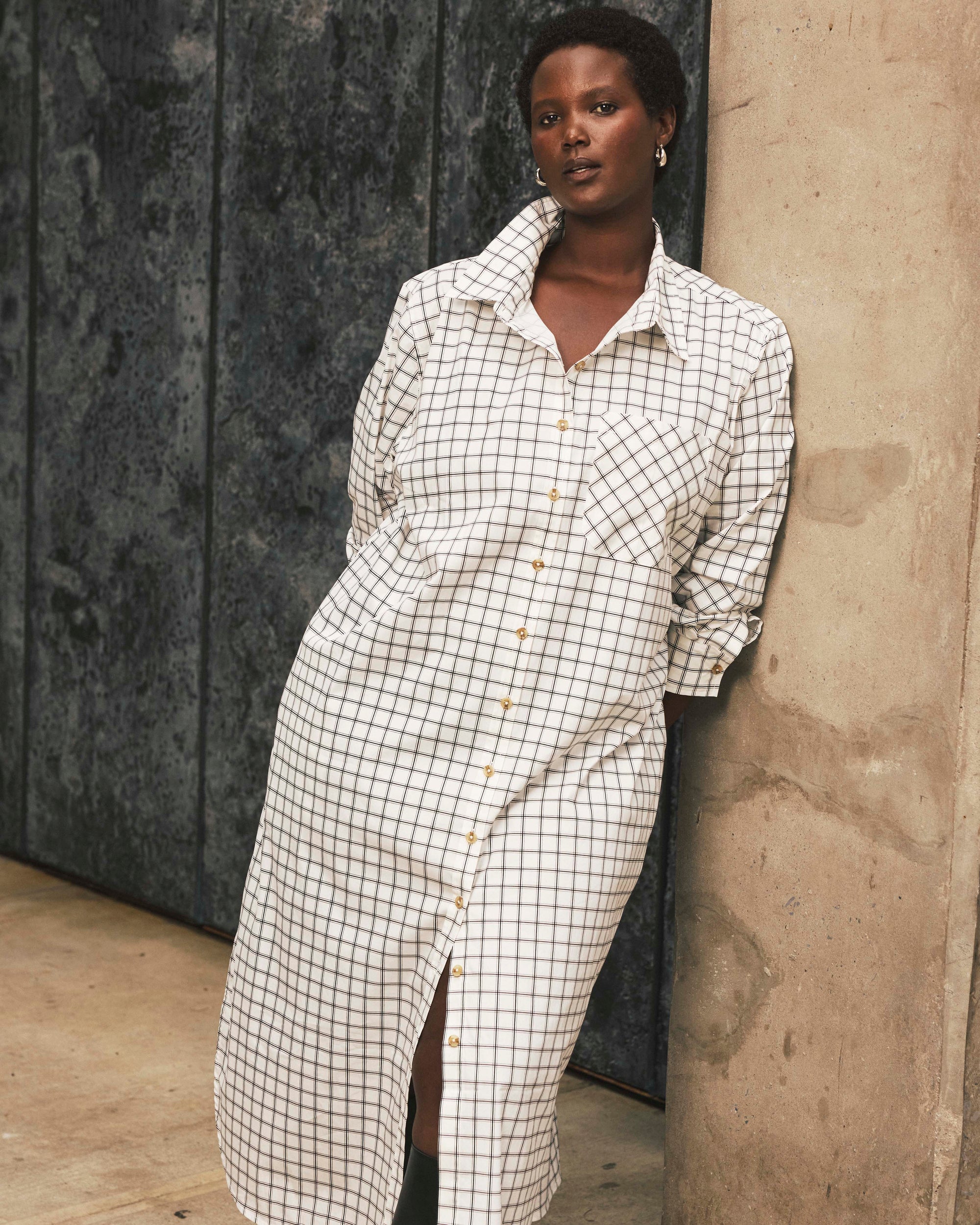 Odeon Stretch Poplin Shirtdress - White Windowpane Check | Plus Size & Straight Size Women's Fashion | Universal Standard