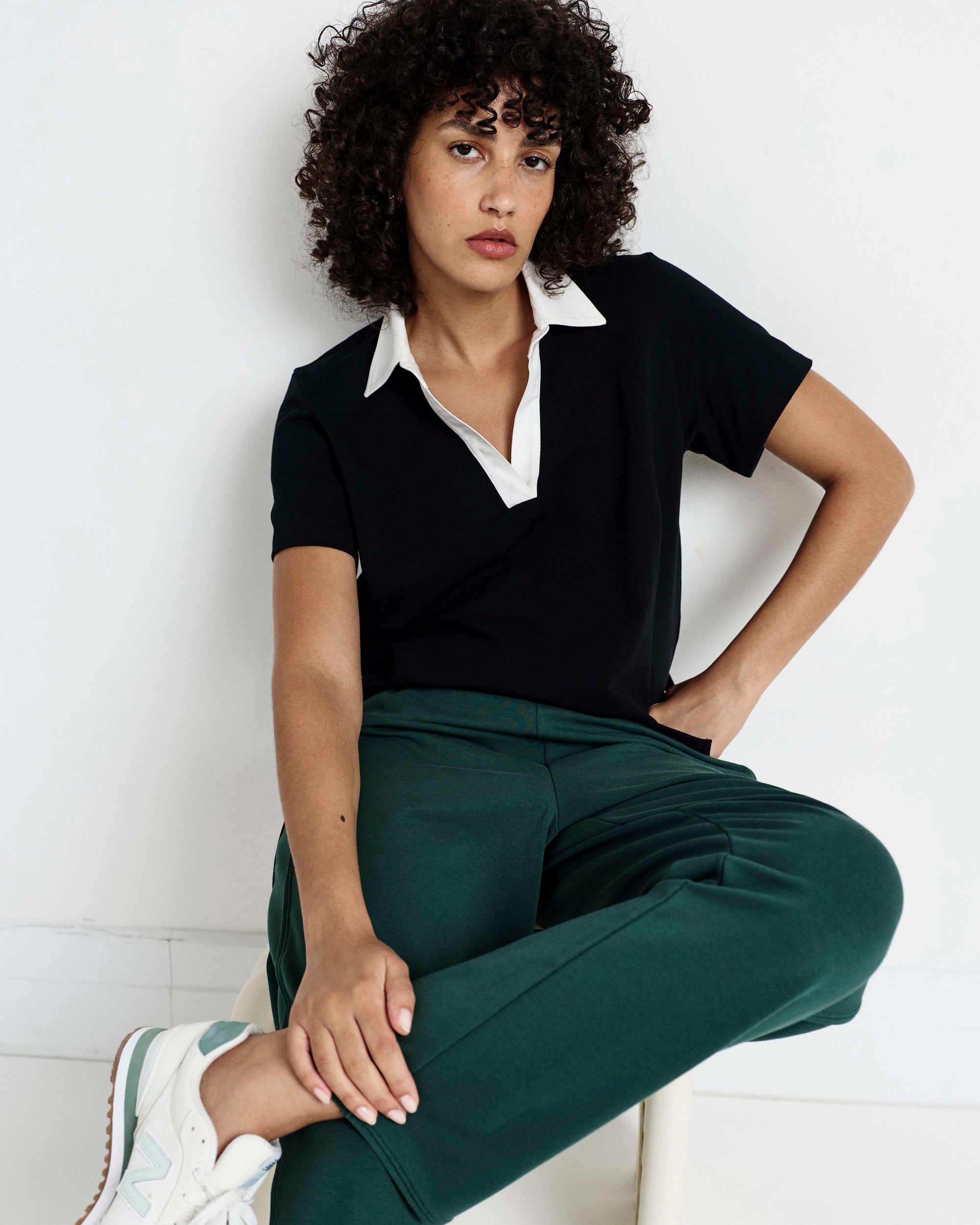 Varsity French Terry Polo Top - Black/White | Plus Size & Straight Size Women's Fashion | Universal Standard
